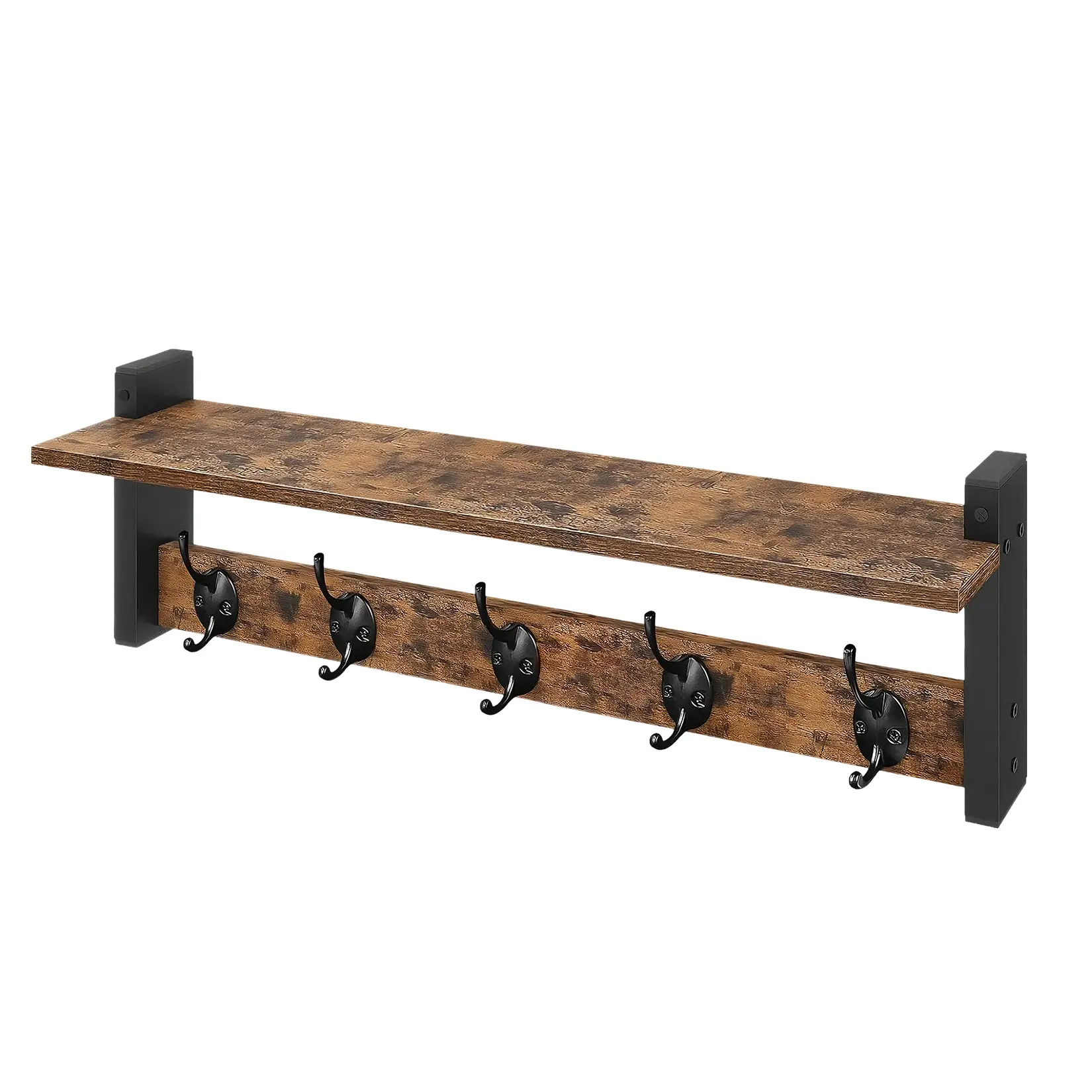 Wall Mounted Coat Rack Shelf with Hooks, Entryway Floating Wall Shelf - Rustic Industrial Wood & Iron - 5 Double Hooks for Coats Hats Towels Bags, Black