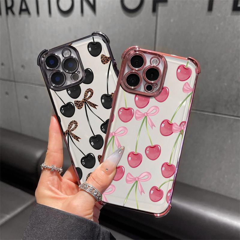 Cherry leopard print bow pattern four-corner shockproof transparent electroplated protective phone case for iPhone 17 Air 16Pro Max 15 14Plus 13 12 11 XS Samsung Galaxy S26 Ultra S25 Plus S24 FE S23,Simple and stylish.HM178