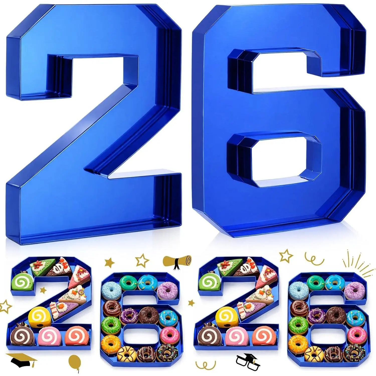 2 Pcs 10" 26 Cardboard Charcuterie Numbers Fillable Graduation Board Number Large Fillable Numbers 2026 Letters Trays for Food Chocolate Candy School Congrats Grad Party Supplies(Blue)