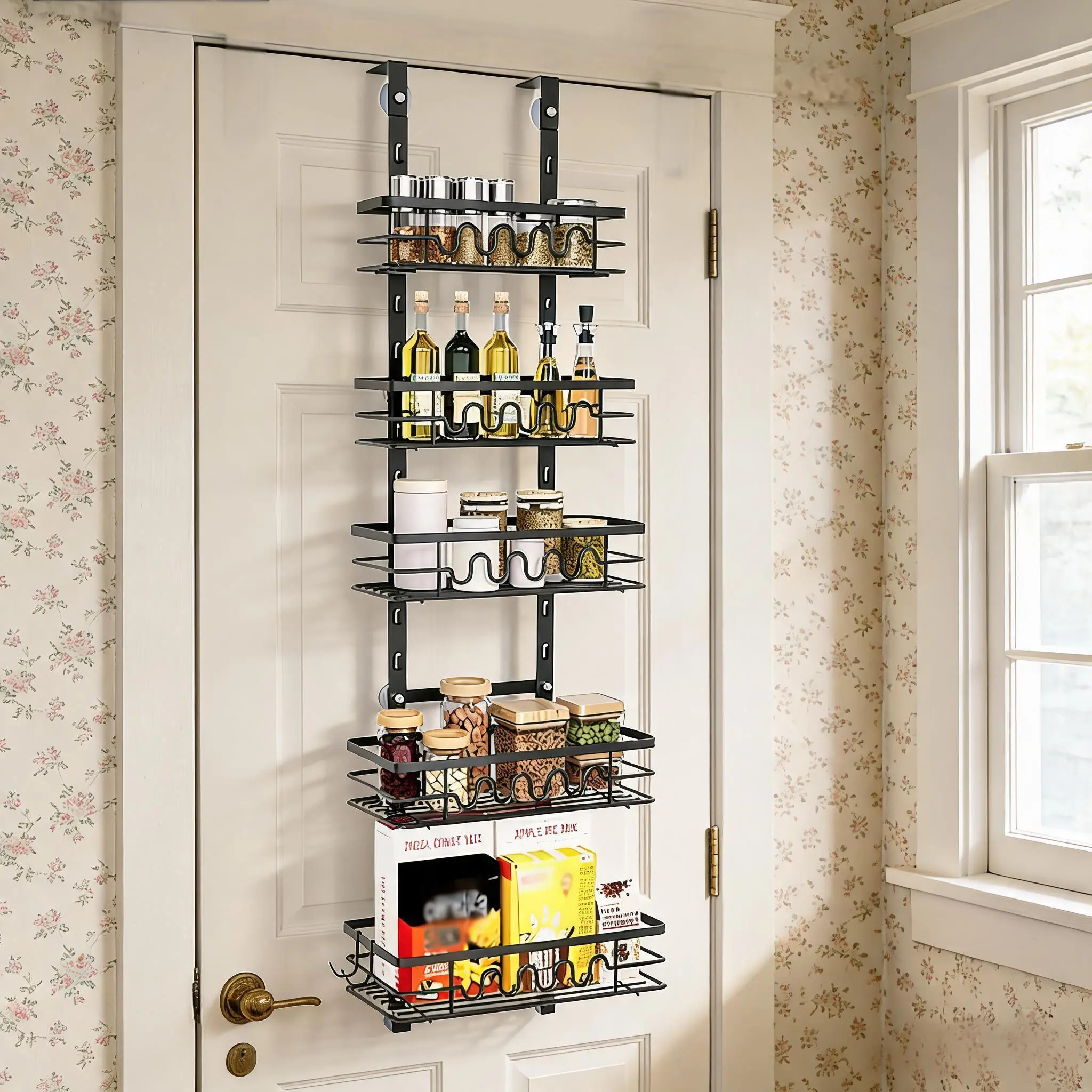 Over-the-Door Metal Pantry Organizer – 2-in-1 Wall & Hanging Spice Rack with Adjustable Basket, Perfect for Kitchen, Bedroom, Bathroom Storage