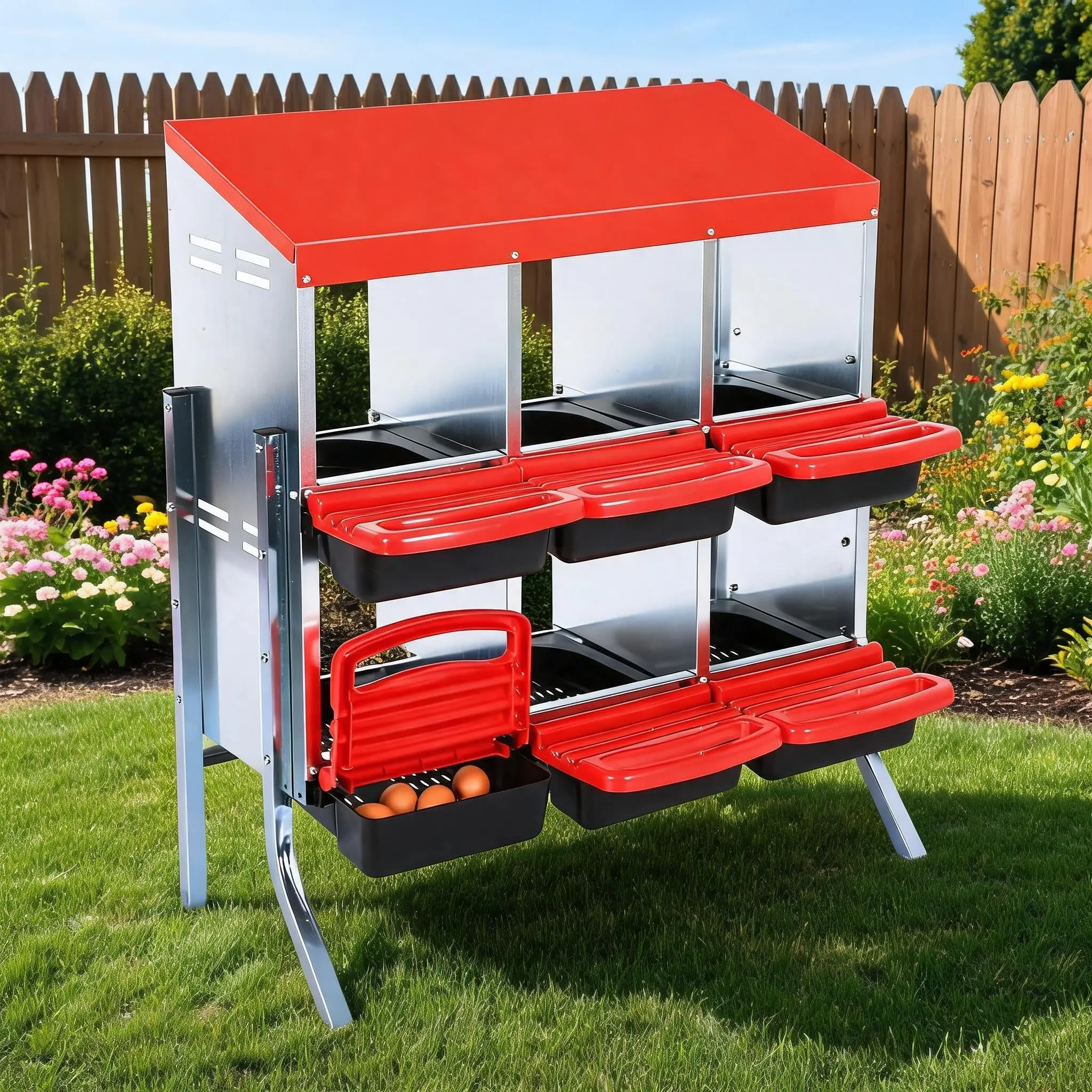 GARVEE Poultry Supplies Metal Nesting Box for Hens - 6 Compartments for Egg Laying, Roll-up Cover, Easy Collection, Functional, Durable, Easy Cleaning, Red with Support Legs