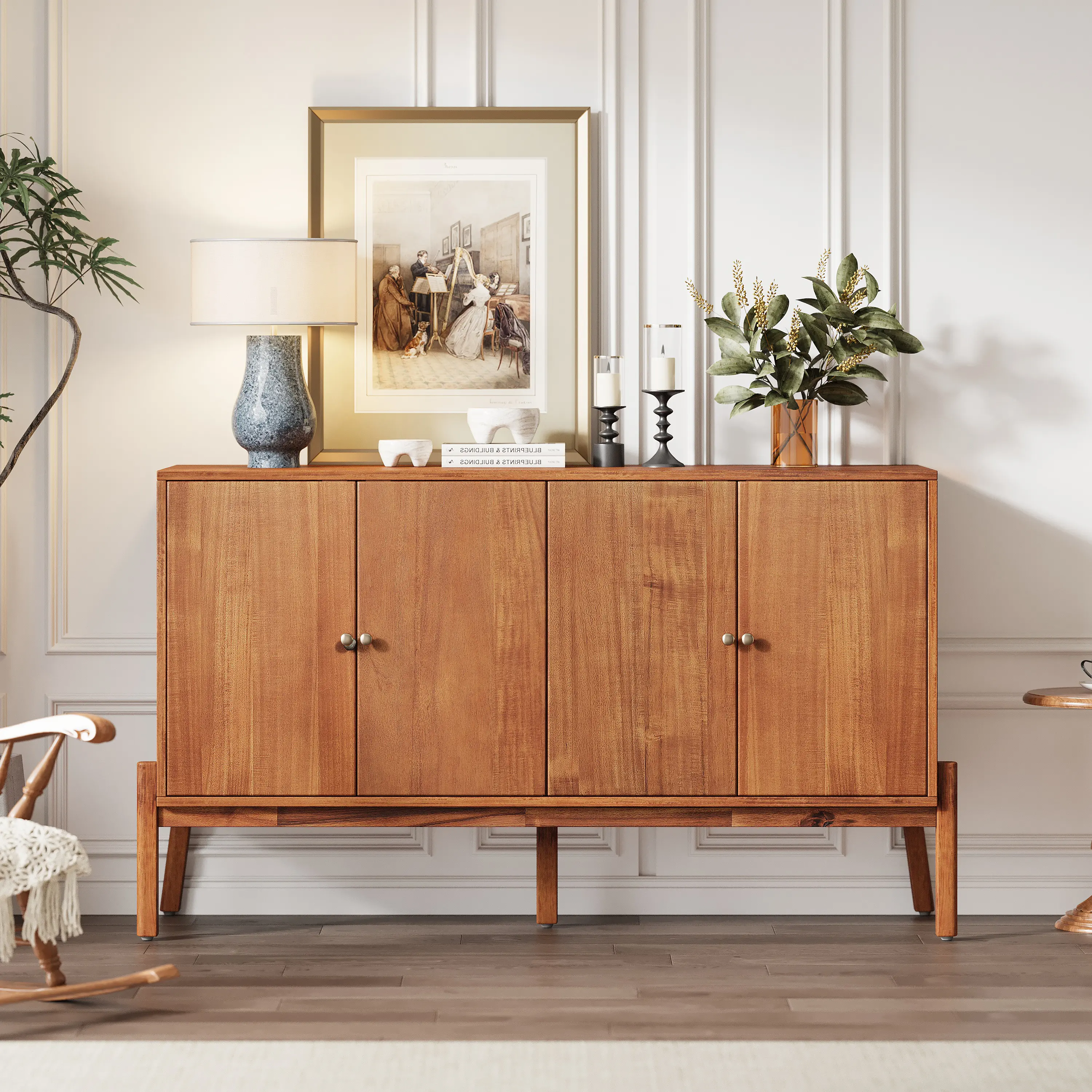 Traditional Wood Vintage Sideboard Buffet Cabinet - 56.8" W x 18" D x 34.2" H 4-Door Durable MDF Acacia Veneer Brown Unit with Metal Handles, Ample Enclosed Storage, 56.8" Wide, Requires Assembly for Dining, Living Rooms