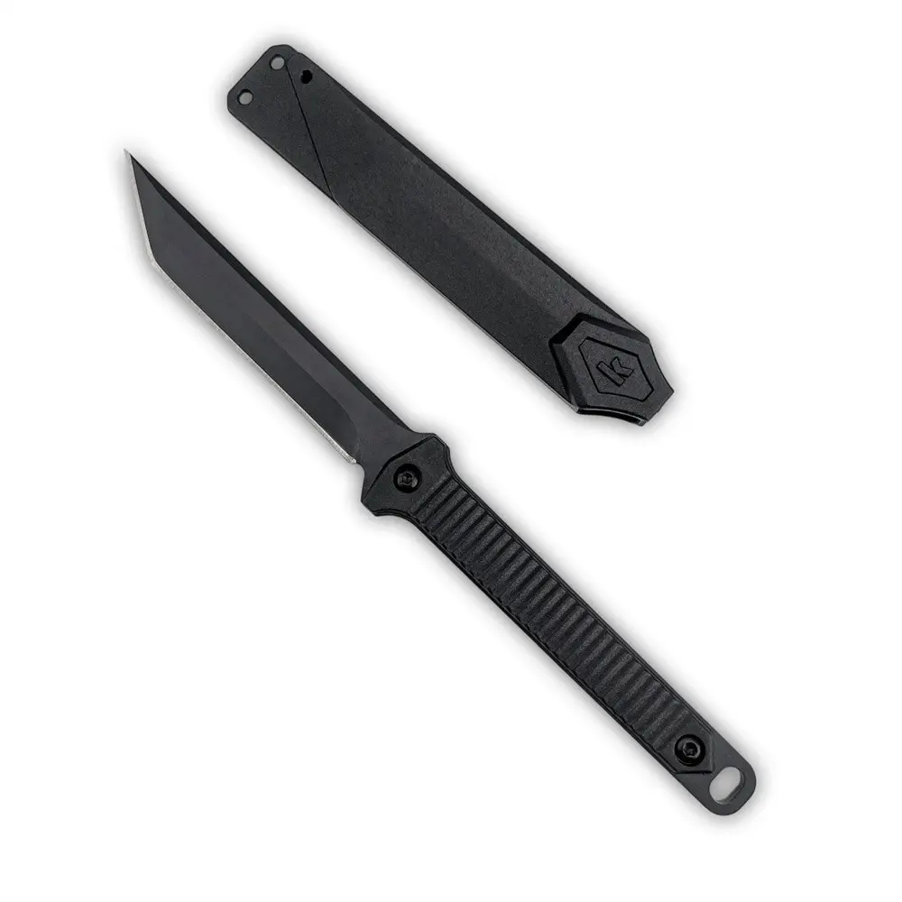 All-black tactical T-shaped straight knife, with black-coated 8CR13MOV blade, anti-slip nylon fiberglass handle, paired with a hard K sheath, Survival tools, suitable for outdoor exploration, camping, clearing paths, Tactical Knives