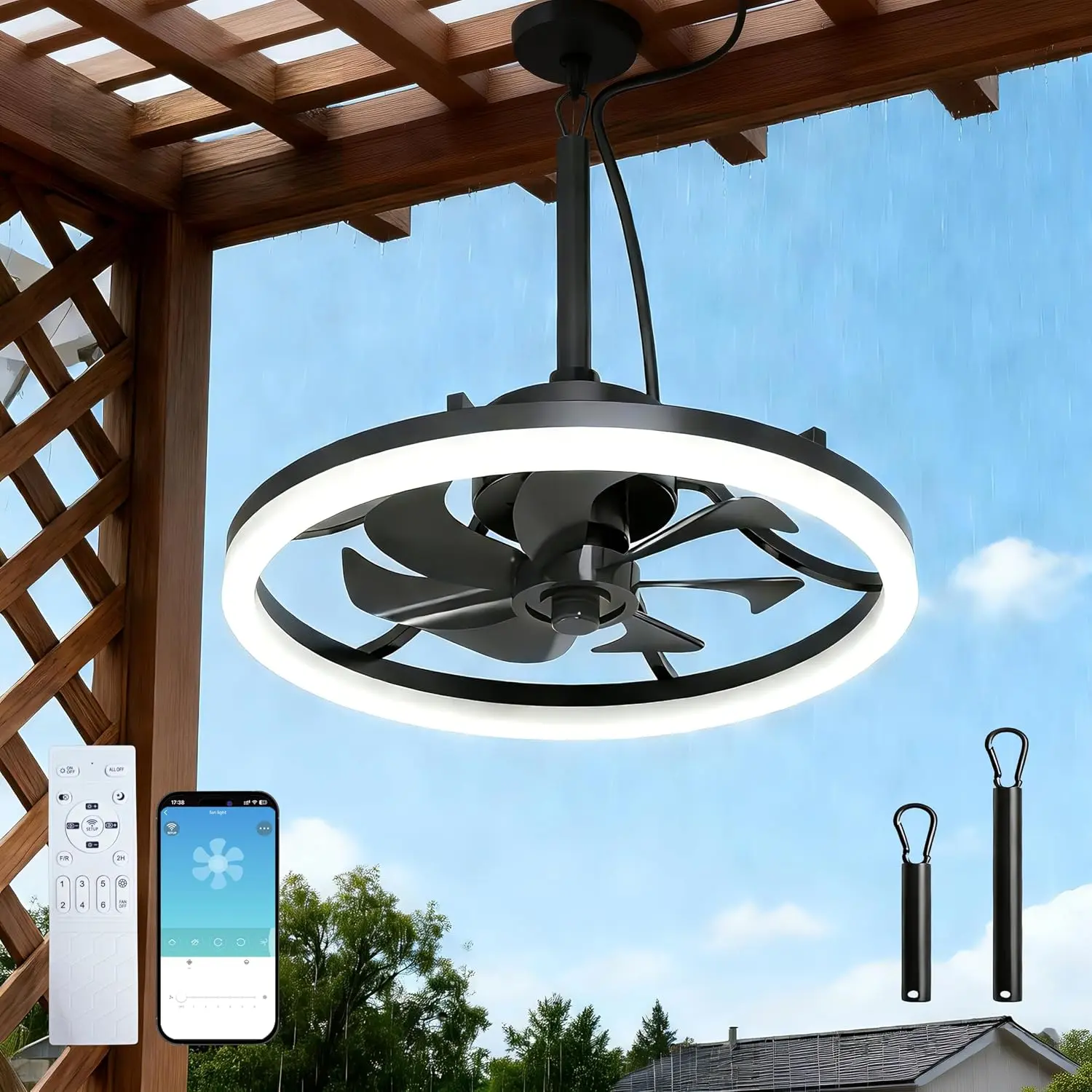 20'' Outdoor Ceiling Fan with Light, IP65  Gazebo Fan, Plug-in  Fan Remote & App Control, 4500LM 3CCT Dimmable LED, 6-Speed Quiet DC , Bladeless Patio Pergola Porch Fan