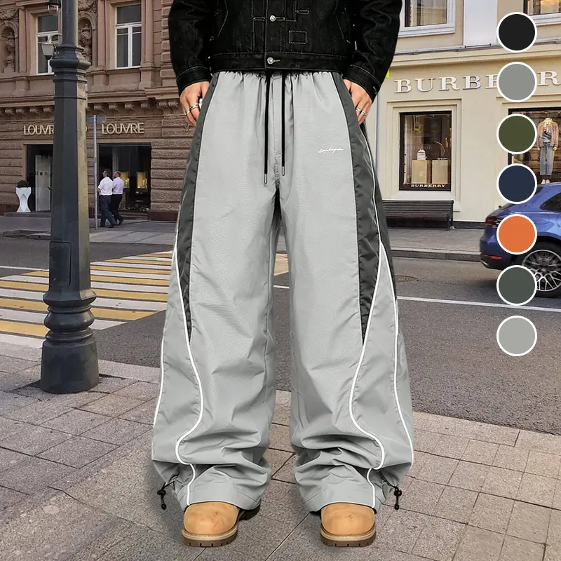 Men's Street Skate Side Black Panel White Curved Piping Wide Leg Windbreaker Pants, Dual Drawstring Waist & Ankle Convertible Jogger Floor-Length Trousers, Lightweight Windproof Water Resistant Quick Dry Breathable Loose Straight Tiny Embroidered Cargo Pa