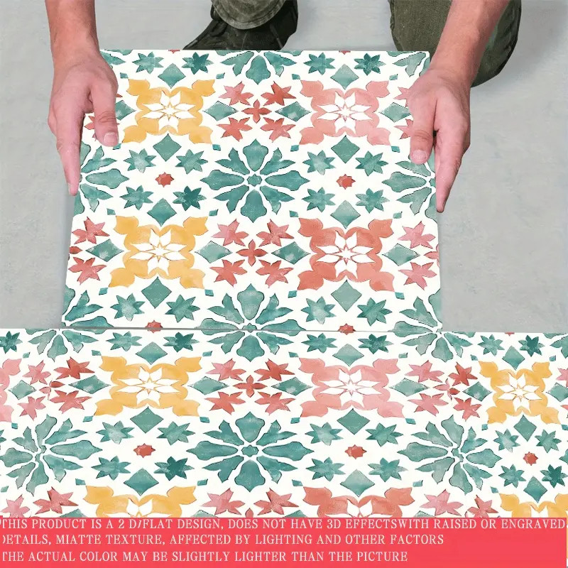 10pcs 2D Flat Vinyl Floor Leather Stickers, Spanish Style Hand-Painted Tile Decals - Blue Floral Patterns, Self-Adhesive &for Kitchen Walls and Dorm Renewal, 11.81x11.81 Inches Fits Bedroom Balcony Floors. 