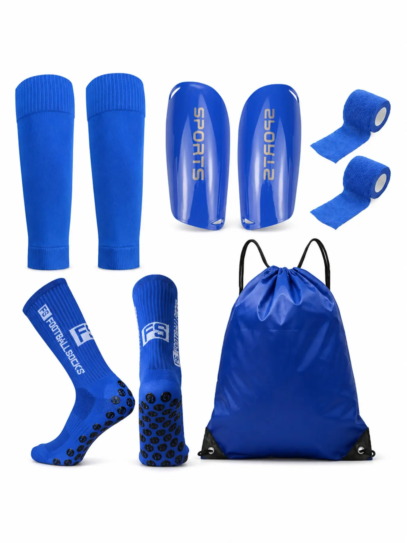 Football Kit Soccer Set for Kids Youth, Grip Socks Shin Guards Athletic Tape Drawstring Bag, Complete Football Training Gear