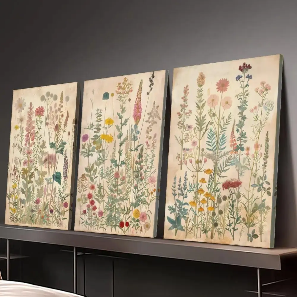 2D Flat 3pcs/set Unframed Wall Art,Retro Rustic Floral Printing, Multicolor Beige Canvas Decoration,Canvas Painting, Poster Print, Artwork Wall Painting for Gift, Bedroom, Office, Living Room, Home Decoration, Gift for Valentine's Day