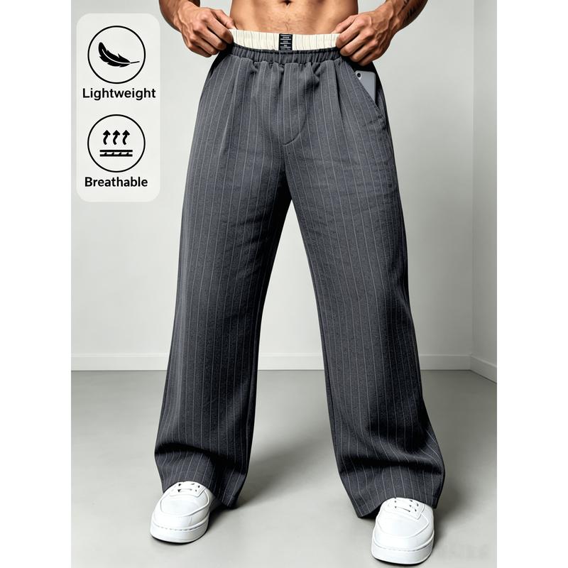 Men's Loose Fit Double Waisted Trousers with Contrasting Elastic Adjustment Straps, Suitable for Office Work, Weekend Walks, and Various Occasions. Men's Business Casual Bottoms