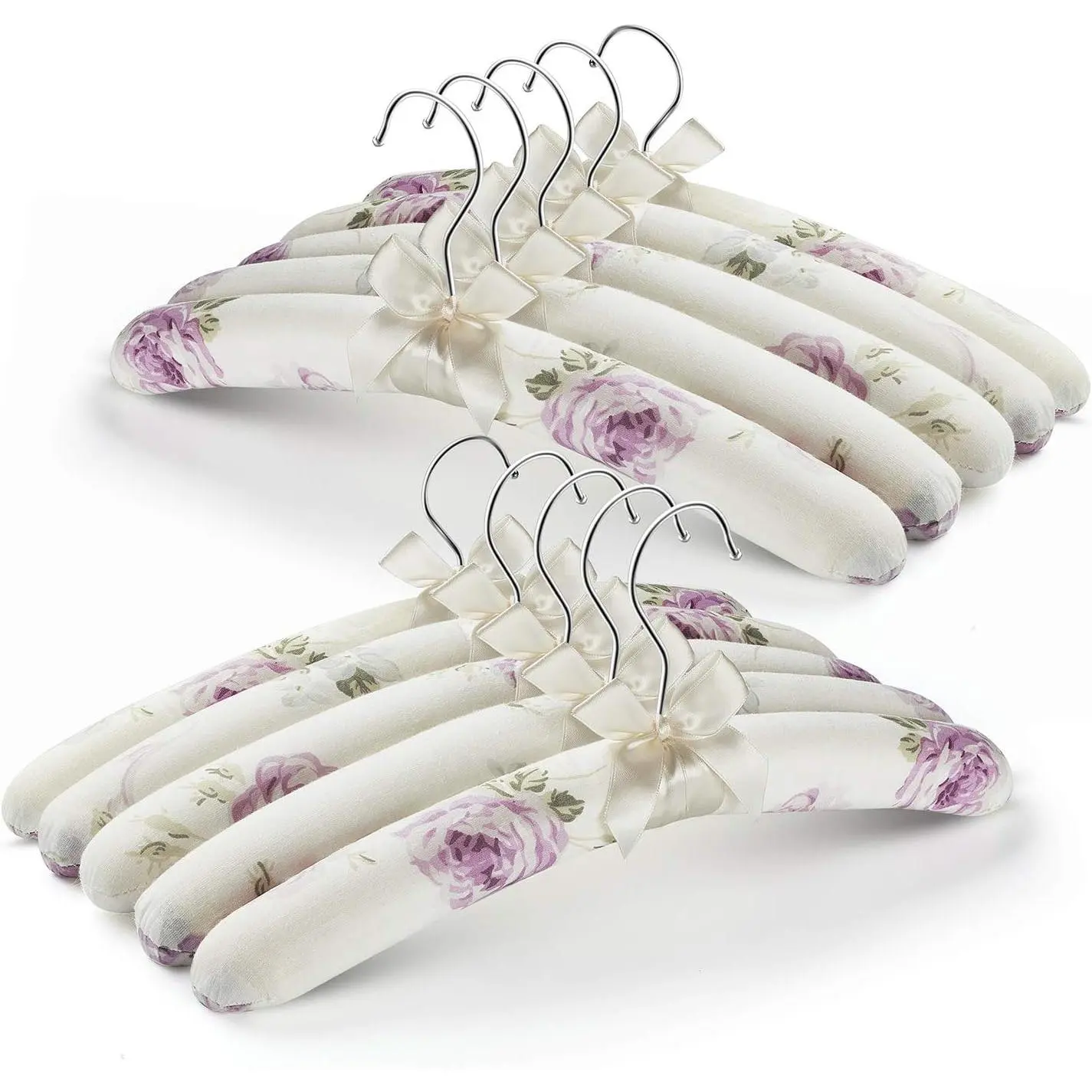 Anti Slip Satin Padded Clothes Hangers for Women Foam Sweater Hangers - Fancy Thick Padded Coat Hanger No Bump Floral Canvas Cover for Adult, Bridesmaid, Wedding Gown Closet (Pack of 10)