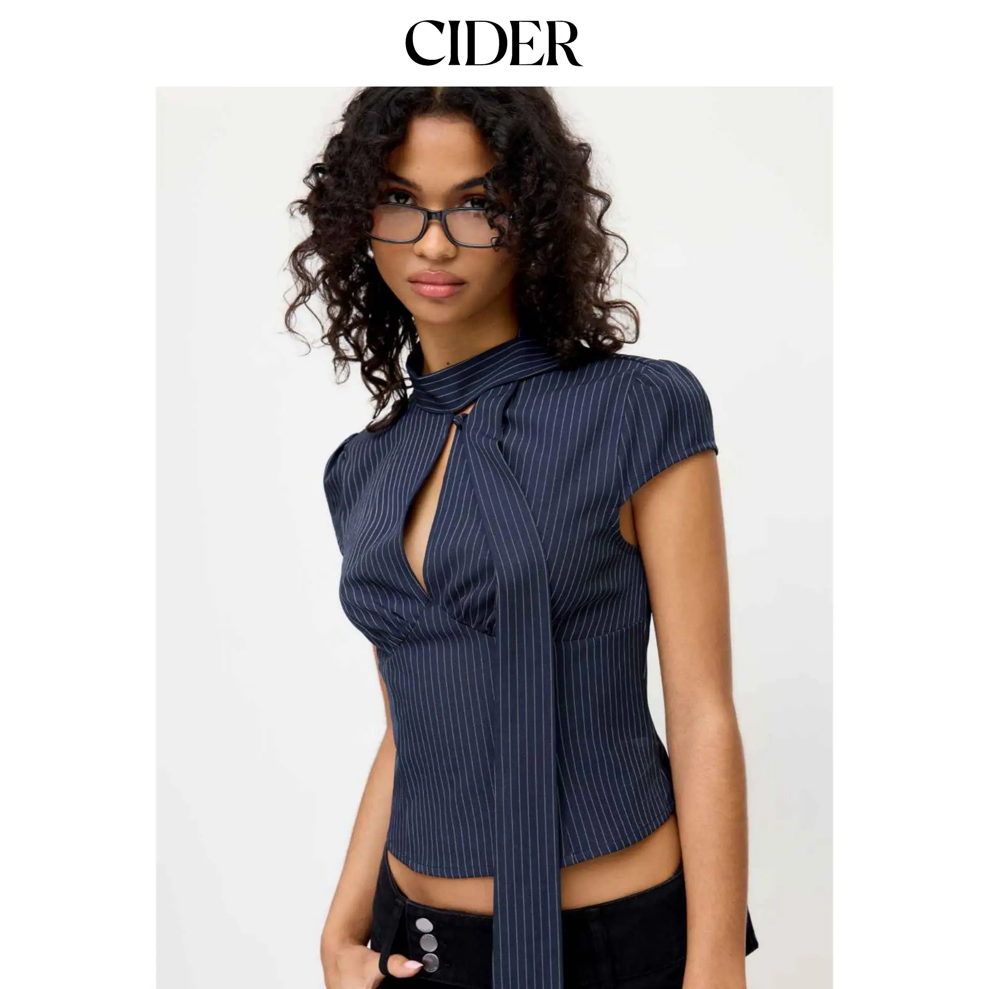 Cider Striped Stand Collar Cut Out Blouse With Scarf