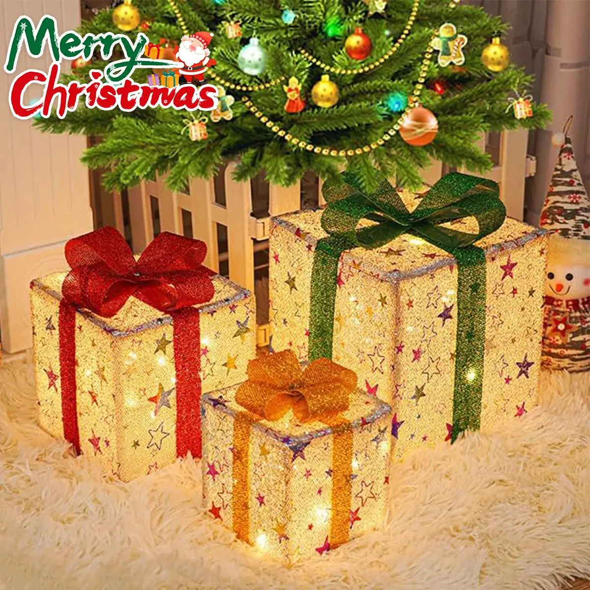 3-Piece Shiny Snowflake Mesh Surface Lighted Boxes Set, 60 LED Warm White Indoor Lighting, Indoor-Outdoor Decor for Christmas, Birthday, Ceremony Festive Holiday Ornaments, Three Sizes