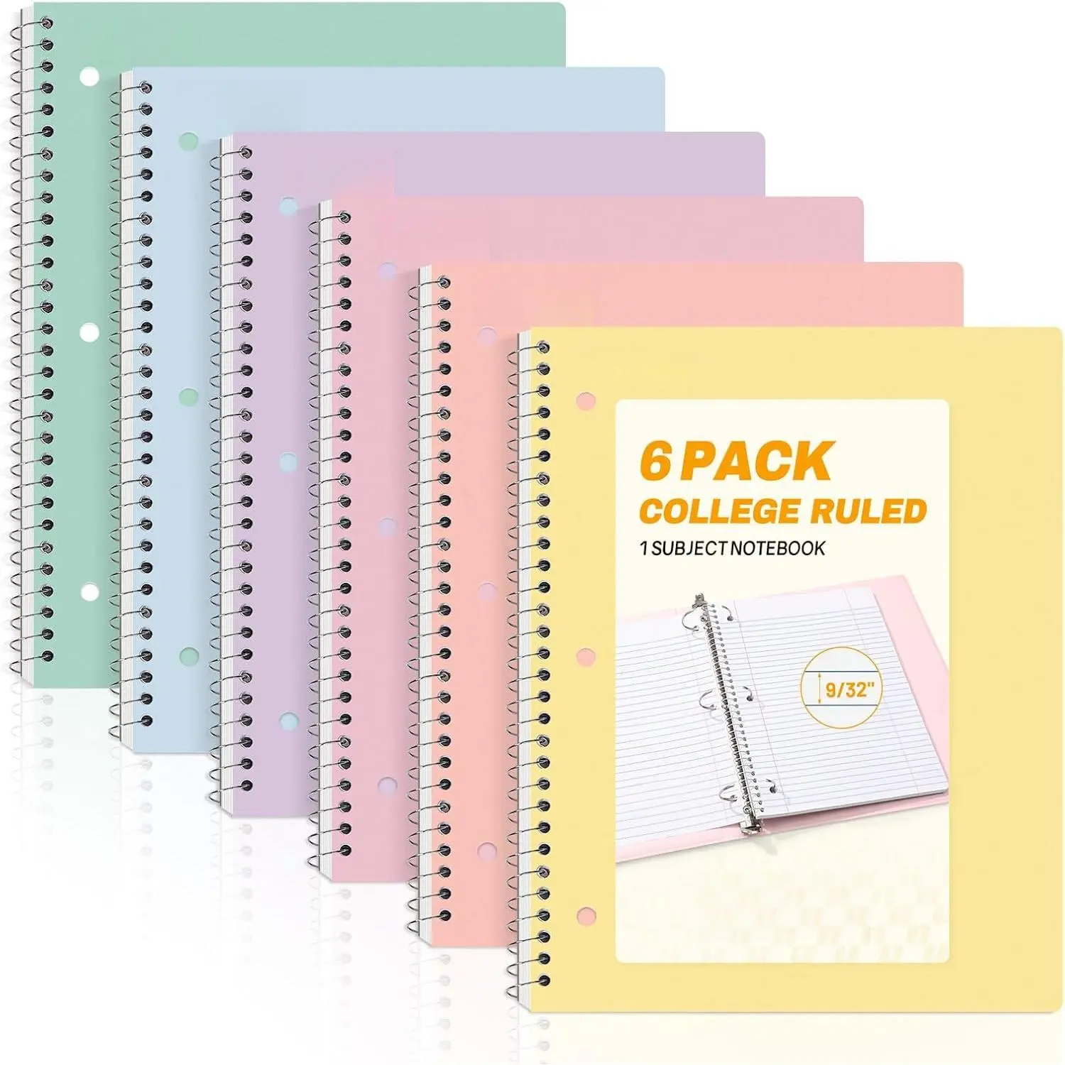Spiral Notebooks, 6 Pack, 1-Subject, College Ruled Paper, 8" x 10-1/2", 70 Sheets per Notebook,  Pastel Colors Spiral Notebooks for School