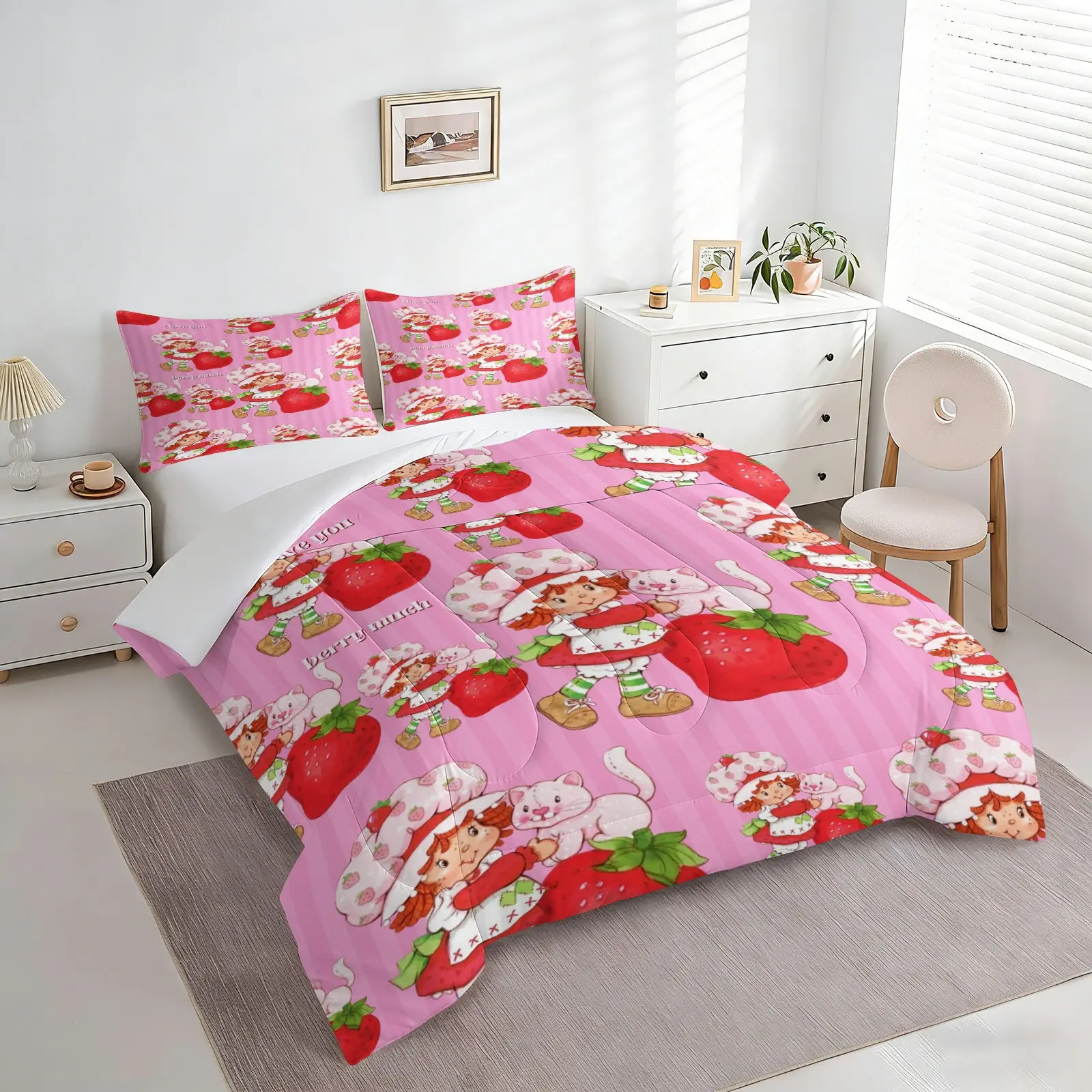 Cute Strawberry Shortcake Girl & White Cat Comforter toddler girl bedding set, 1 Comforter + 1-2 Pillowcases, HD Digital Printed, Soft Comfortable Skin-Friendly Washable Fabric, Pink Sweet Summer Kids Room Decor