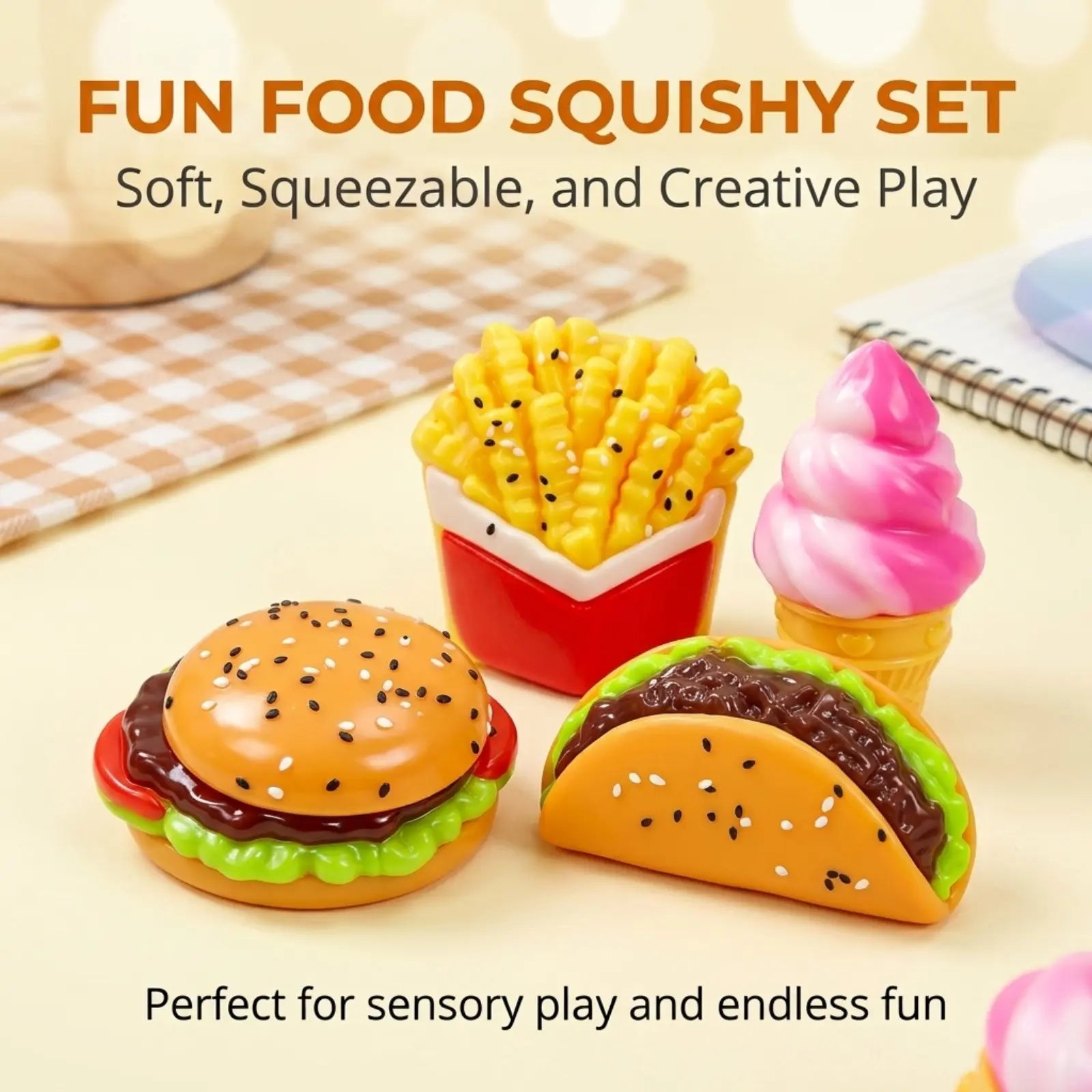 Squishy Food Slow Rising Squeeze Toys 4 Pack, Burger Taco Ice Cream Fries Soft Stress Relief Sensory Toys, Pretend Play Kids Party Favor Gifts