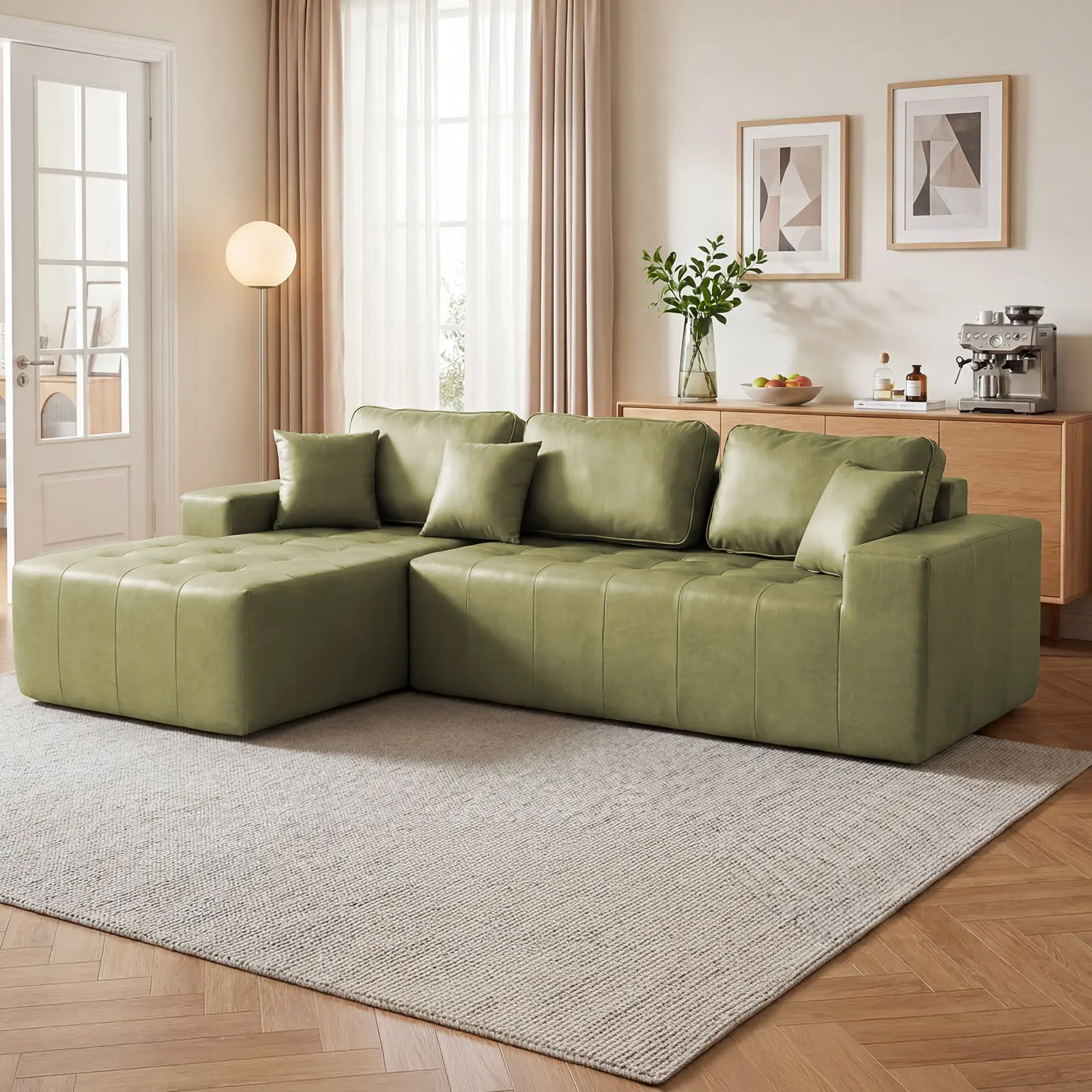 ARCH Faux Leather 4-Seat L-Shaped Corner Chaise Sectional Sofa Couch - High-Density Sponge Cushions, No Assembly Required, Convertible Bed for Living Room, Apartment, Four Seats