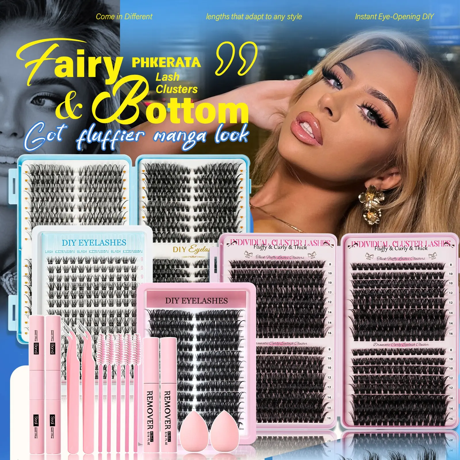 Mixed Length False Eyelashes Kit, Eyelash Extensions Set, Natural Look Eyelash Extensions with Lash Bond & Seal & Remover & Tweezers & Brush & Makeup sponge, Self Grafting Curvature Eyelashes, Diy Lashes Cluster, Fluffy Eyelash Clusters