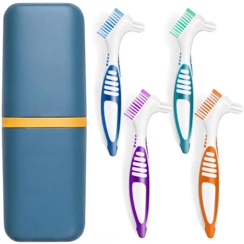 4Pcs Denture Brushes with Carrying Case, Hard Double Sided Denture Cleaning Brush Heads for False Teeth Cleaning