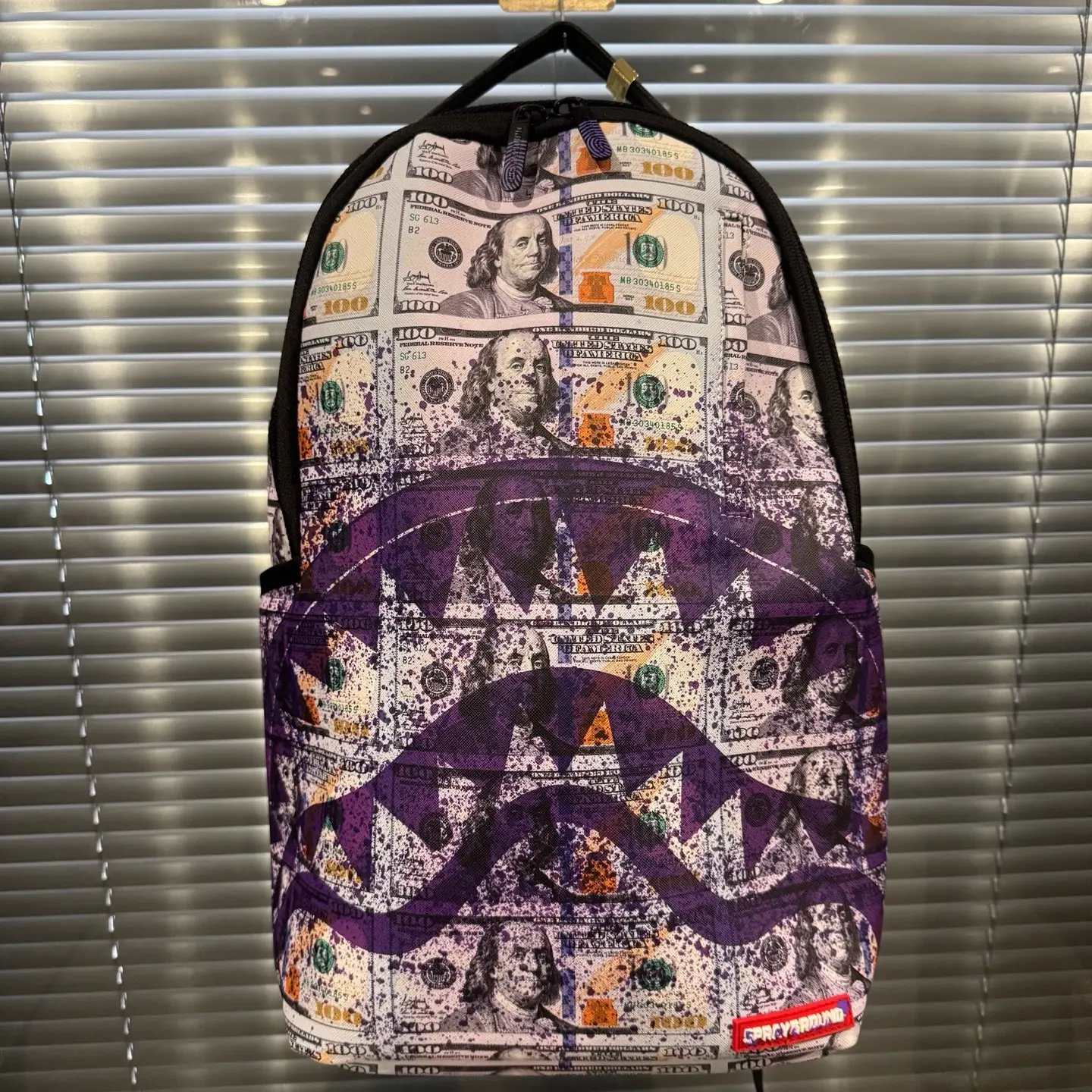 SPRAYGROUND SG Purple Splatter Dollar Bill Shark Mouth PVC Backpack - Unisex Functional Couple-Style Luggage Bag