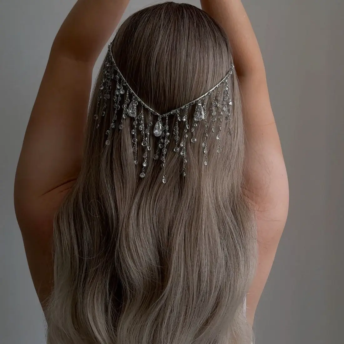 Rhinestone Bridal Headpiece, Whimsical Boho Tassel Forehead Chain for Women, Wedding Ceremony & Party Hair Jewelry, Whimsical Hair Accessories, Bridal Shower, Stainless Steel, Cowhide, Silver
