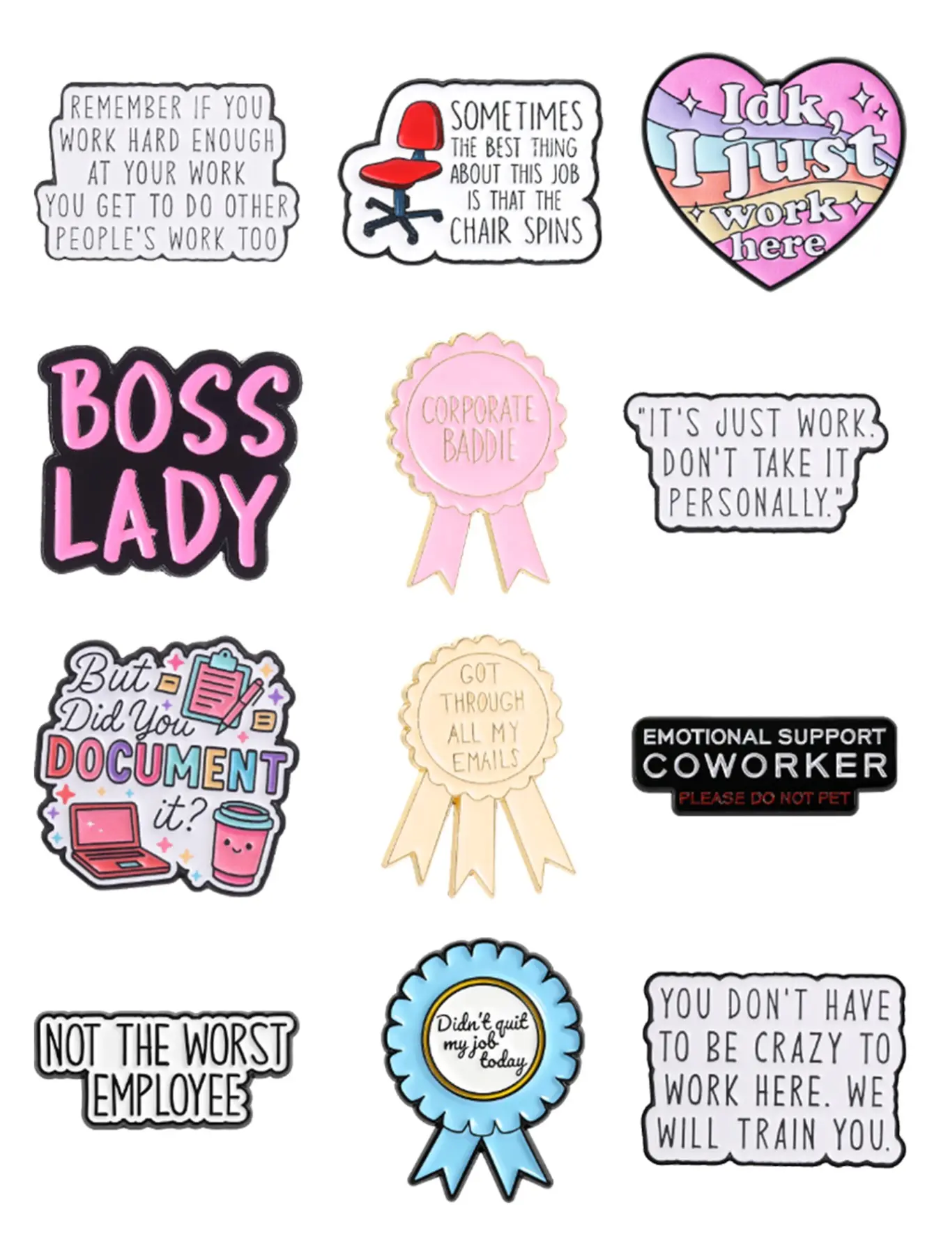 12 Styles Workplace Quote Enamel Pin Set, Funny Office Text Medal, Metal Brooch Gift for Office Staff, Unique Employee Appreciation, Enamel Lapel Pins