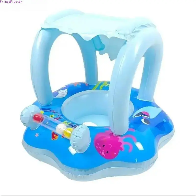 Anti-Rollover Inflatable Baby Swim Float with Removable Sun Canopy, Toddler Safe Pool Training Ring with Interactive Toy Bar & Colorful Rattle Beads, Summer Beach Vacation Water Play Gear for Infants