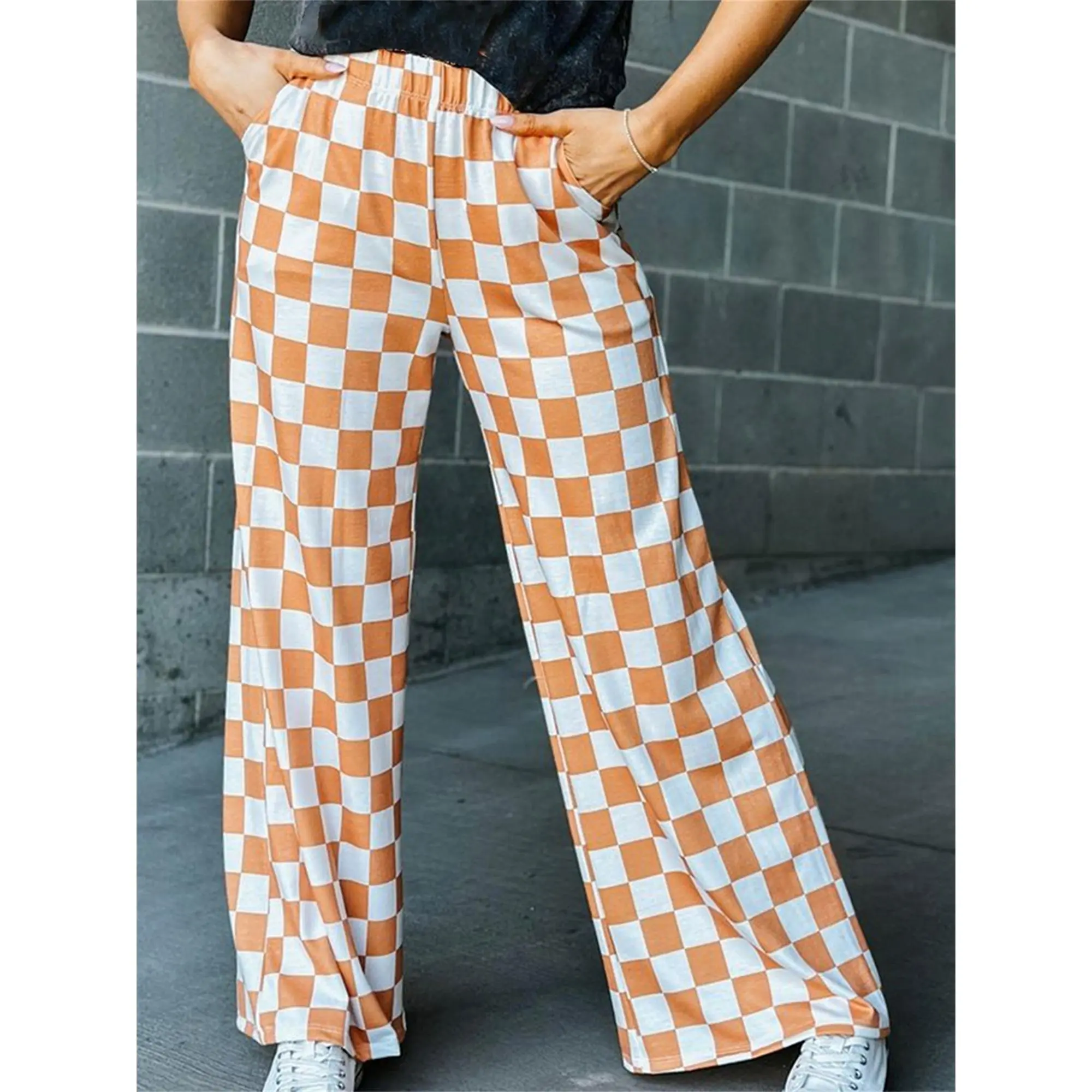 Women Wide-Leg Pants Checkerboard Elastic Waist Loose Trousers Spring Summer Casual Sweatpants Bottoms