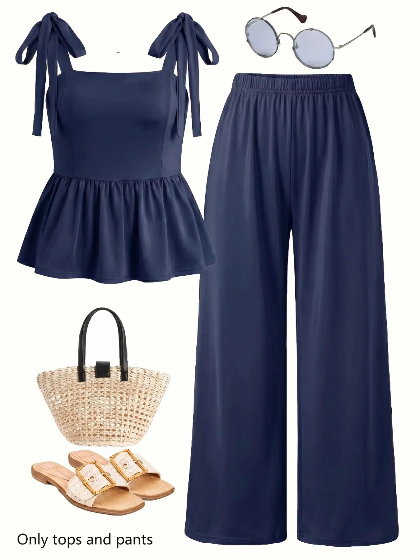 Indigo Two-Piece Set, Sleeveless Tie-Bow Halter Top + High-Waisted Wide-Leg Pants, Pants Set Outfit, Vacation, Stylish and Comfortable, Clothes