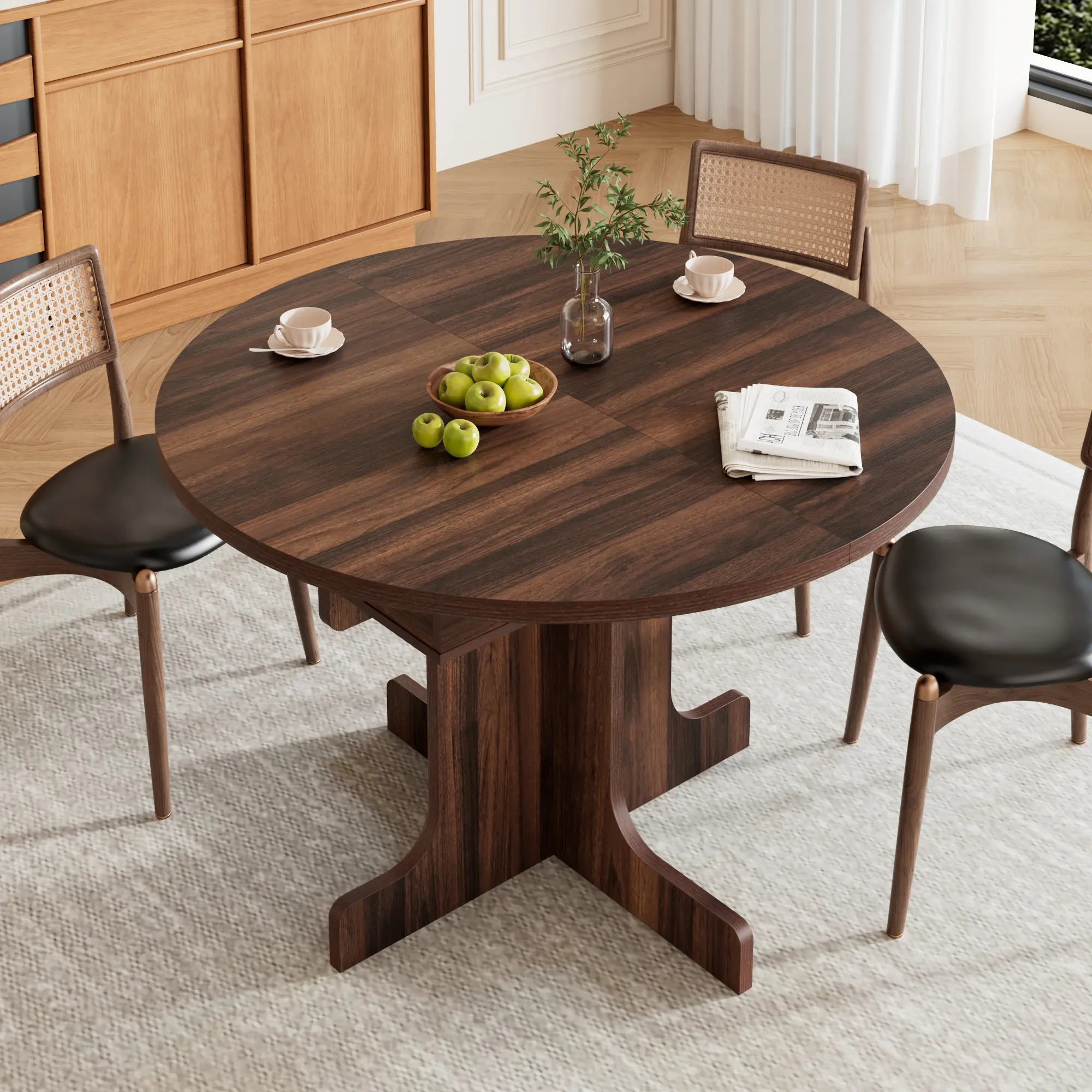 Modern Black Wooden Expandable Dining Table - 4-8 Seats, Multi-Size Pedestal Base, Hidden Storage, Round/Oval Convertible, Adjustable Dinner Table for Dining Furnishings