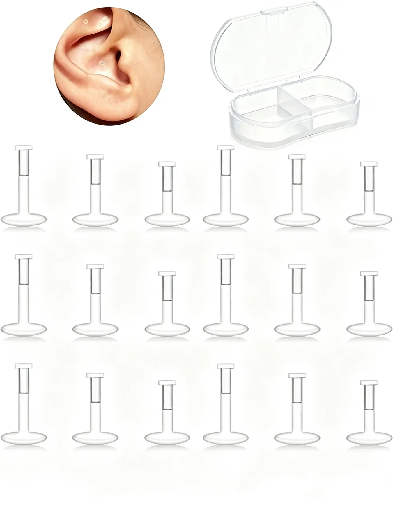 Clear Bioflex Flat Back Earring Studs Set, Hypoallergenic Invisible Plastic Labret Body Piercing Jewelry with Storage Box for Fresh Piercing Healing