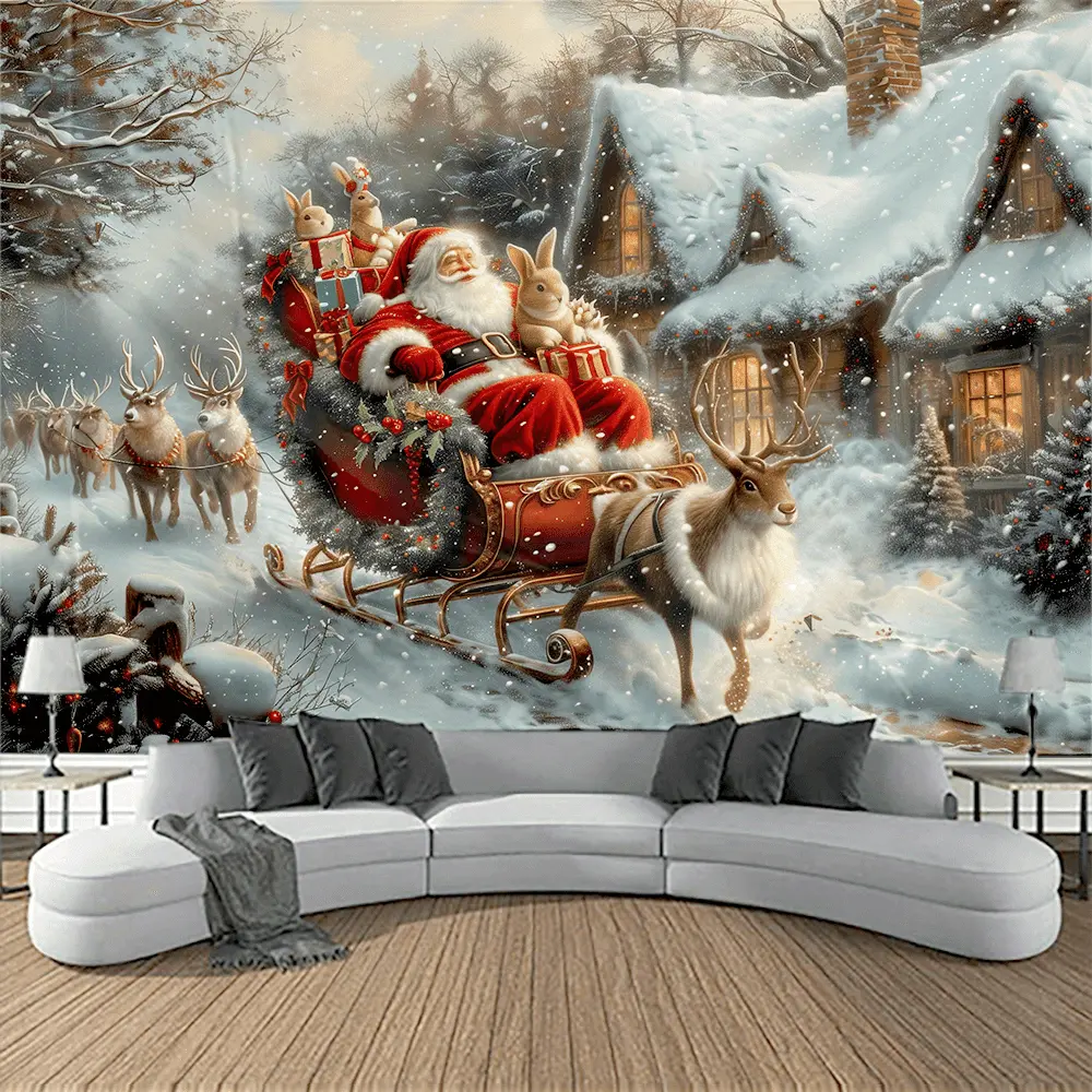 Multicolored Watercolour Vintage Santa-on-Sleigh Snowy Town Polyester Tapestry - Hanging Christmas Wall Decoration Banner, Winter Wonderland Backdrop for Living Room, Happy Birthday Thanksgiving Event Props