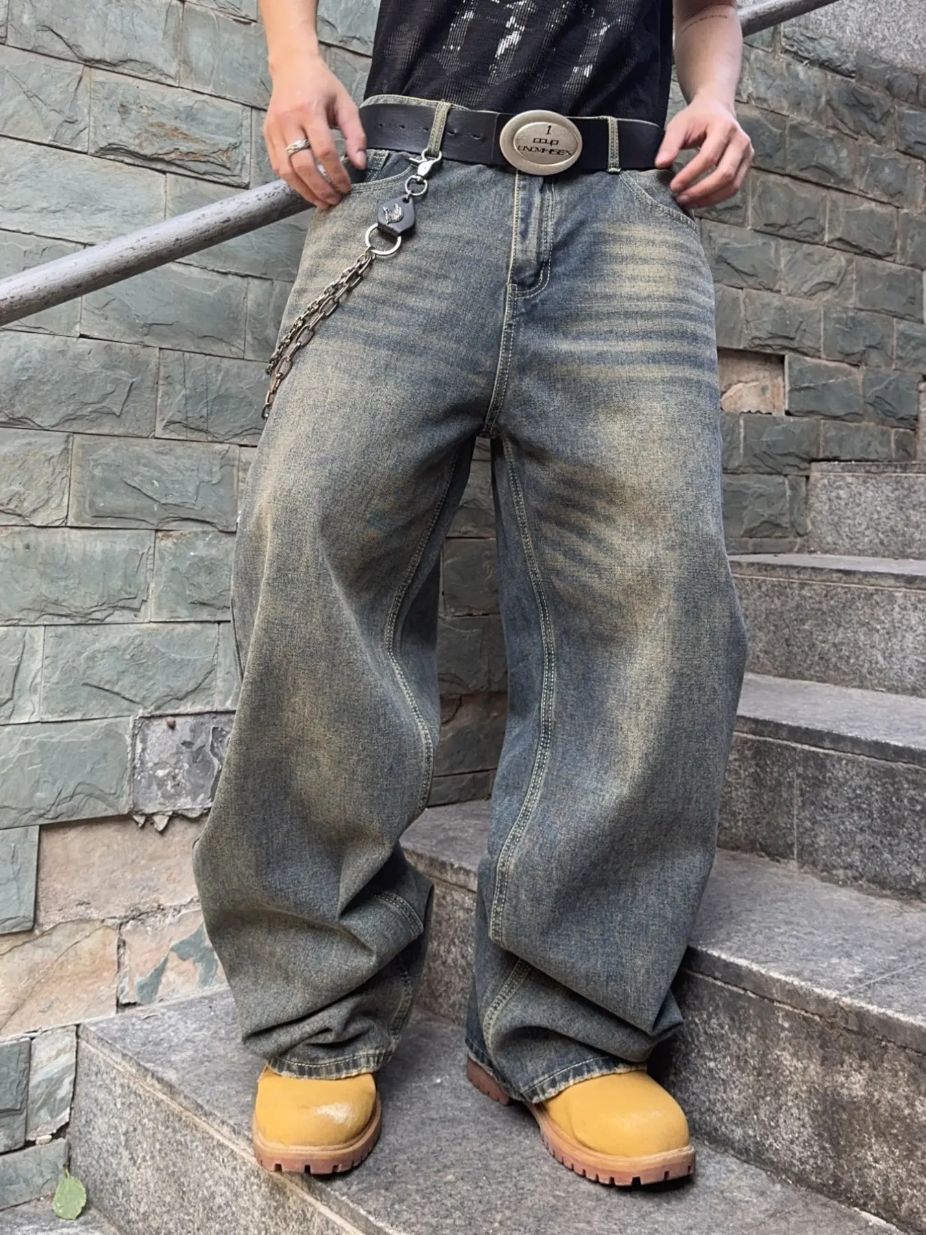 Men's Loose-Fit Casual Jeans, Trendy Streetwear Distressed Blue Wide-Leg Jeans, Y2K Retro Style, Comfortable Daily Wear, Multiple Sizes Available, Casual Ripped Denim
