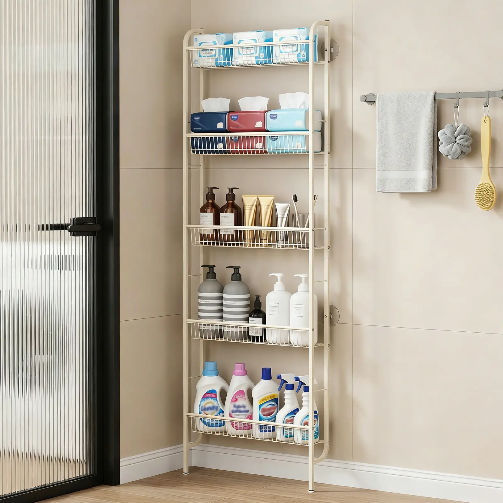 Slim Space-Saving 5-Tier Bathroom Shelf - Tall Narrow Freestanding Storage Rack with Anti-Slip Base - Organizer for Behind Door, Kitchen, Laundry Room, or Pantry - Bathroom Furniture, Black