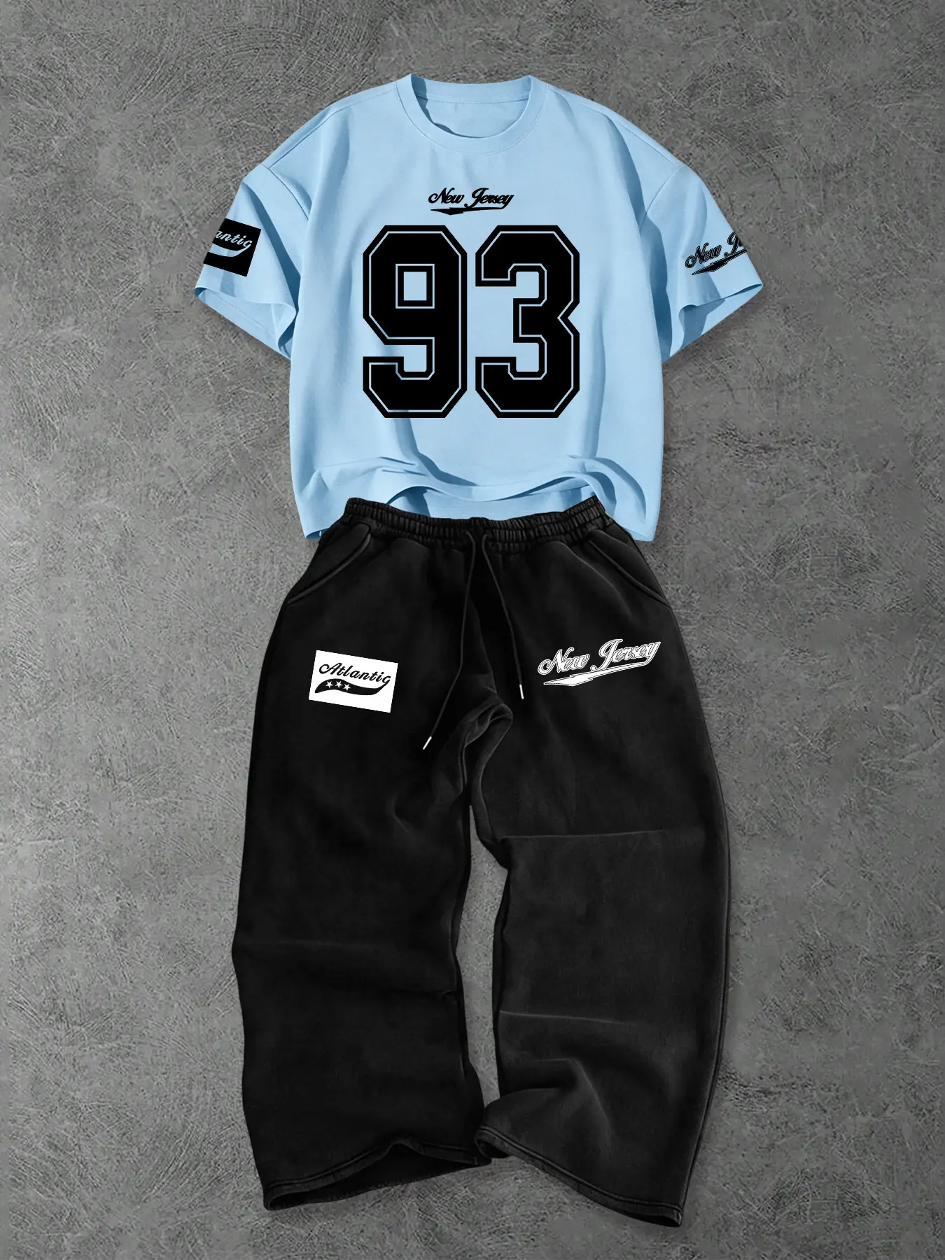 Summer Fashion Men's Two-Piece Set, Number and Word Print, Short Sleeve Round Neck T-Shirt and Loose Fit Drawstring Waist Pants, Casual Wear, Clothes, Trouser