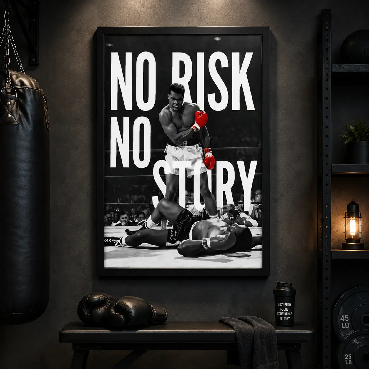 Motivational Boxing Wall Art Decor, "No Risk No Story" Posters and Prints, Vintage Sports Canvas Artwork, Fighter Mindset Aesthetic for Gym Office Man Cave Home Decor, Gift Idea