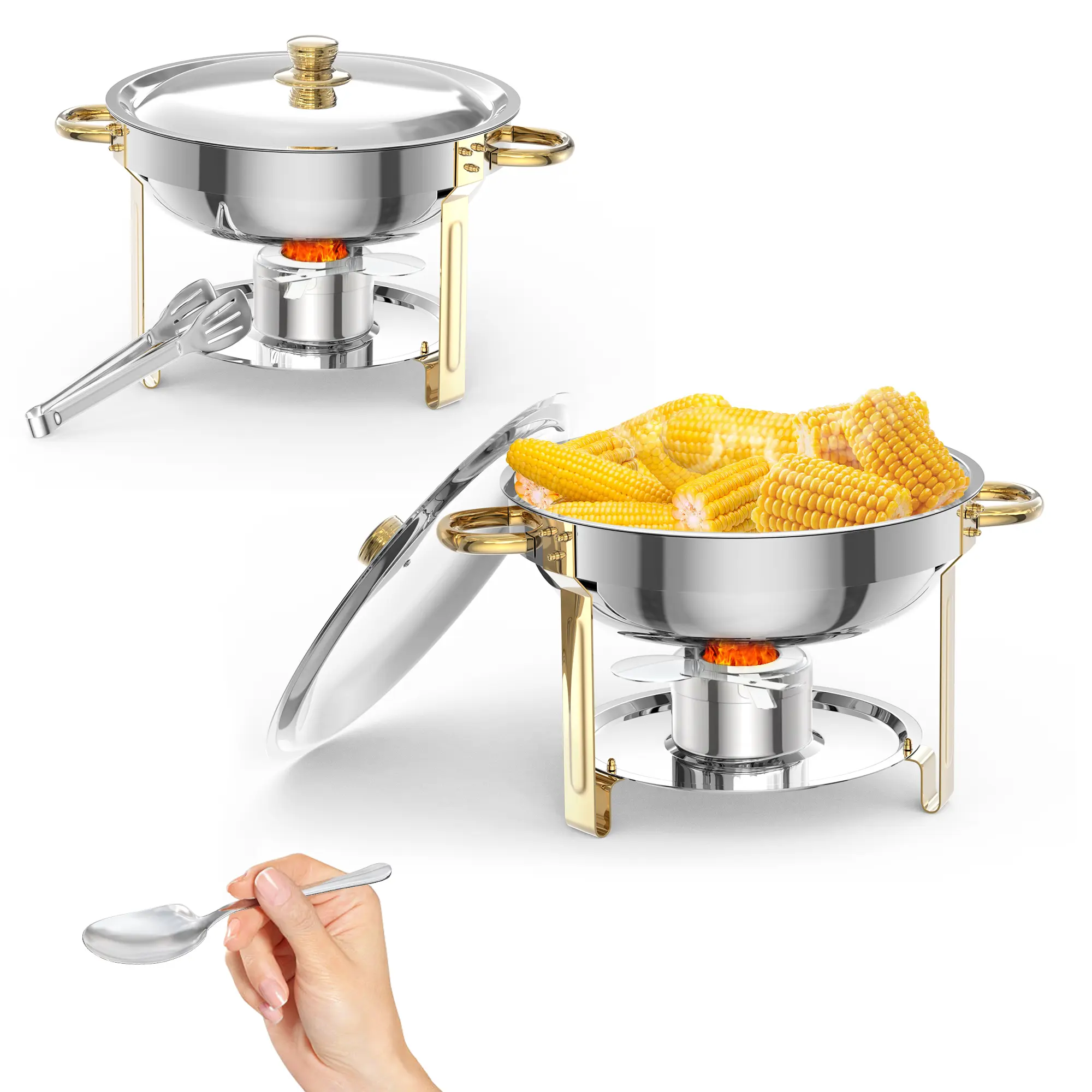 5 QT Chafing Dish Buffet Set, NSF Round Stainless Steel Chafers and Warmers Food Servers Sets with Lid & Lid Holder, Spoon & Tweezer for Catering Events Parties Weddings Dinners, Gold