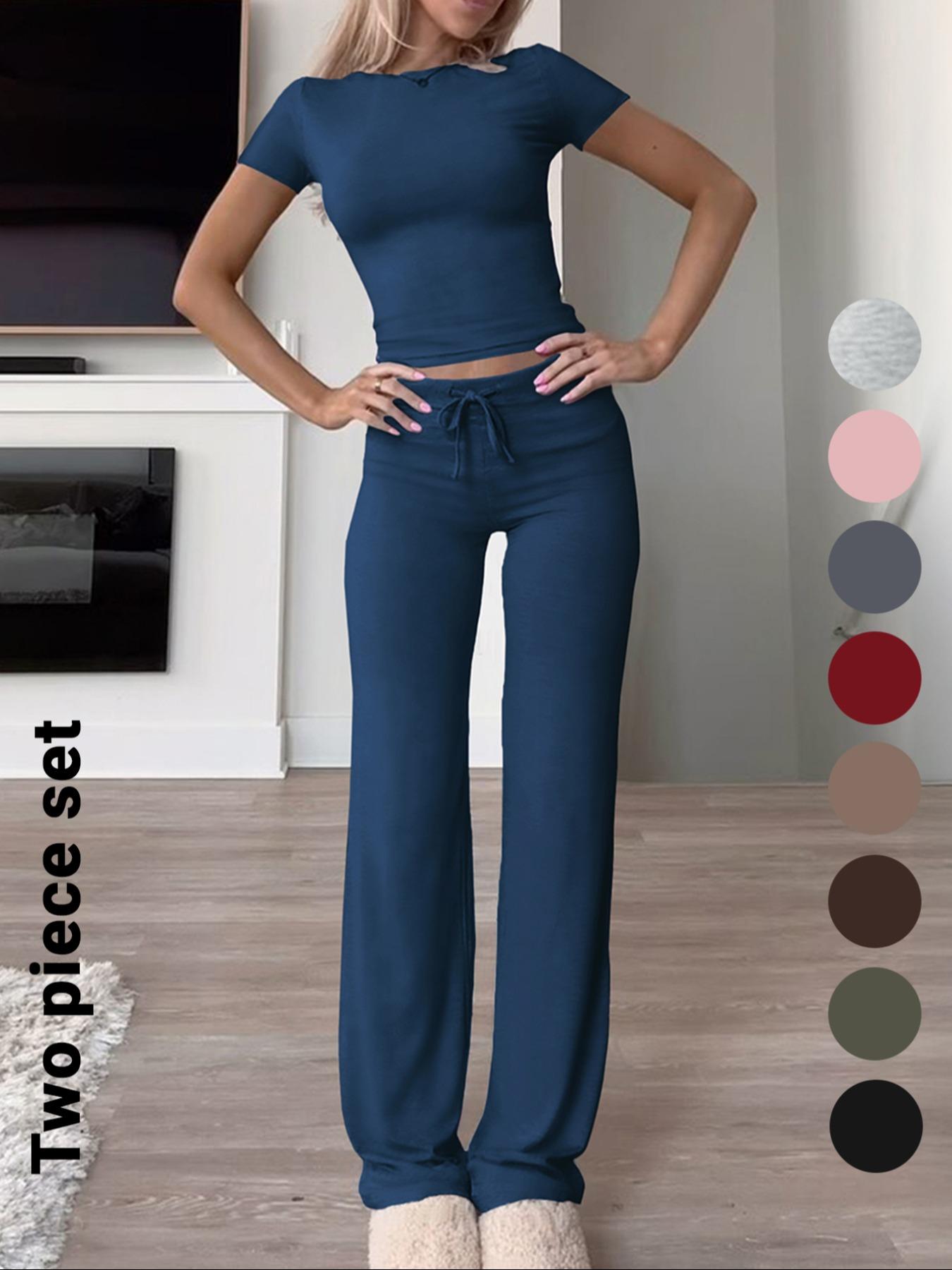 Women's Basic Minimalist Solid Short Sleeve Two-piece Set, Casual Round Neck Crop Tee & Drawstring High Waist Trousers for Daily Wear, Ladies Summer Clothes, Womenswear