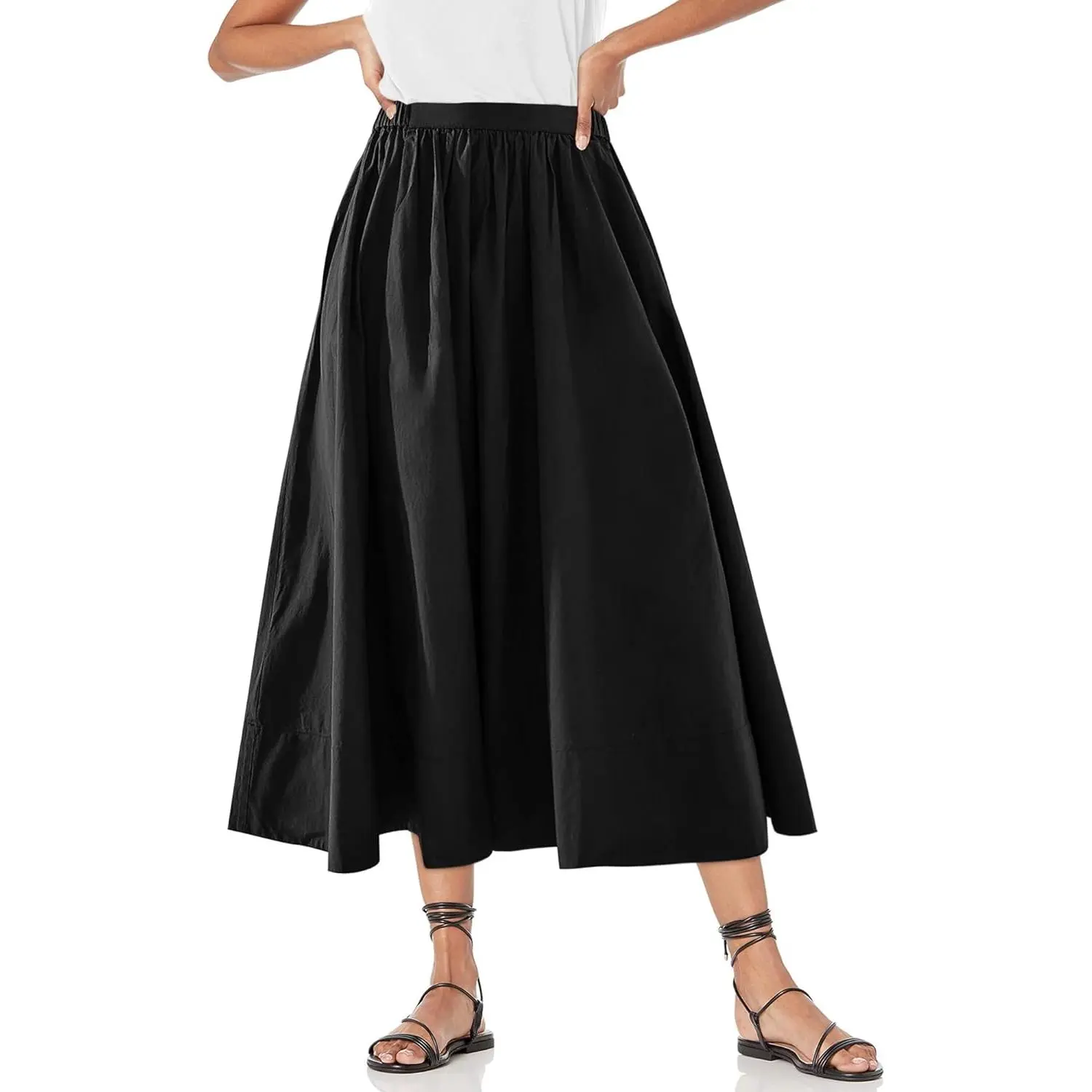 Yousify Women's High-Waist Elastic A-Line Midi Skirt - Polyester Blend Basic Bottom, Casual Flowy Pleated Swing Skirt with Pocket for Beach, Boho Wear, Skirts For Women