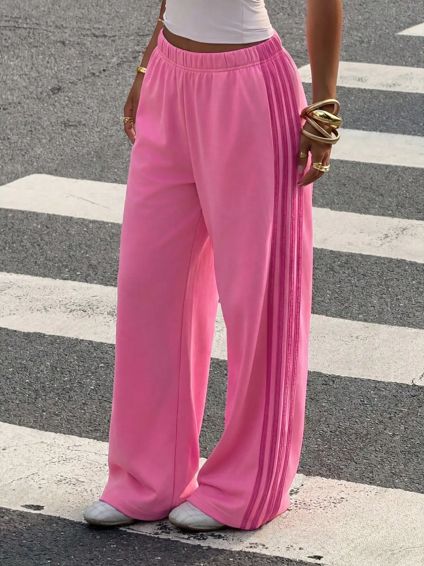 Pink Side Striped Wide Leg Sweatpants Women Elastic High Waist Loose Casual Trousers Y2K Streetwear Soft Comfy Lounge Pants Daily Fashion Workout Track Pants