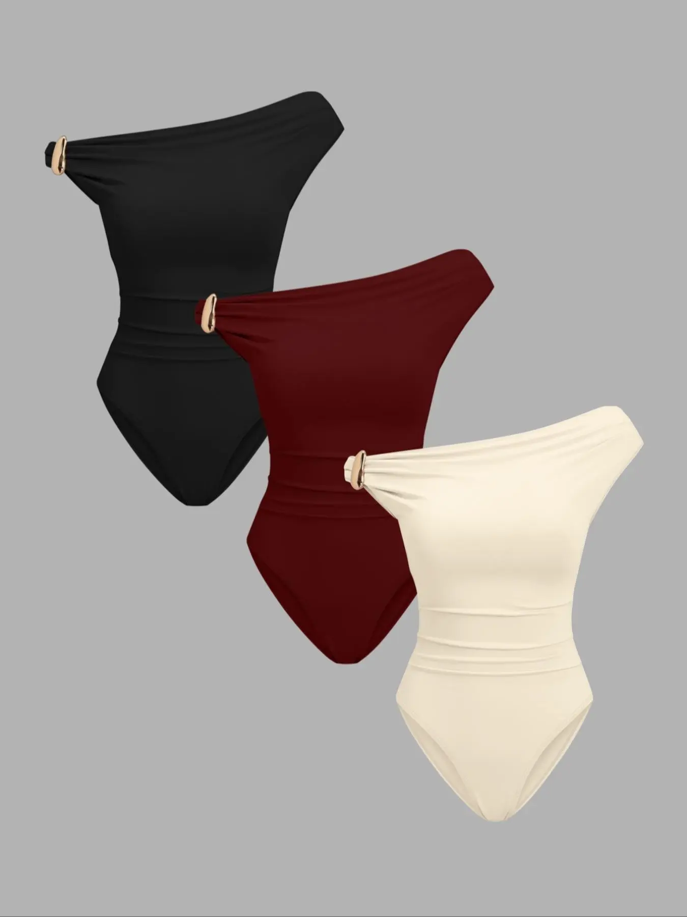 Summer Women's 3-Piece Fashion Metal Button Off-Shoulder Bodycon Fit Set  Comfortable Knit Solid Slant Shoulder Bodysuit  Layered Wear Layered Bodysuits
