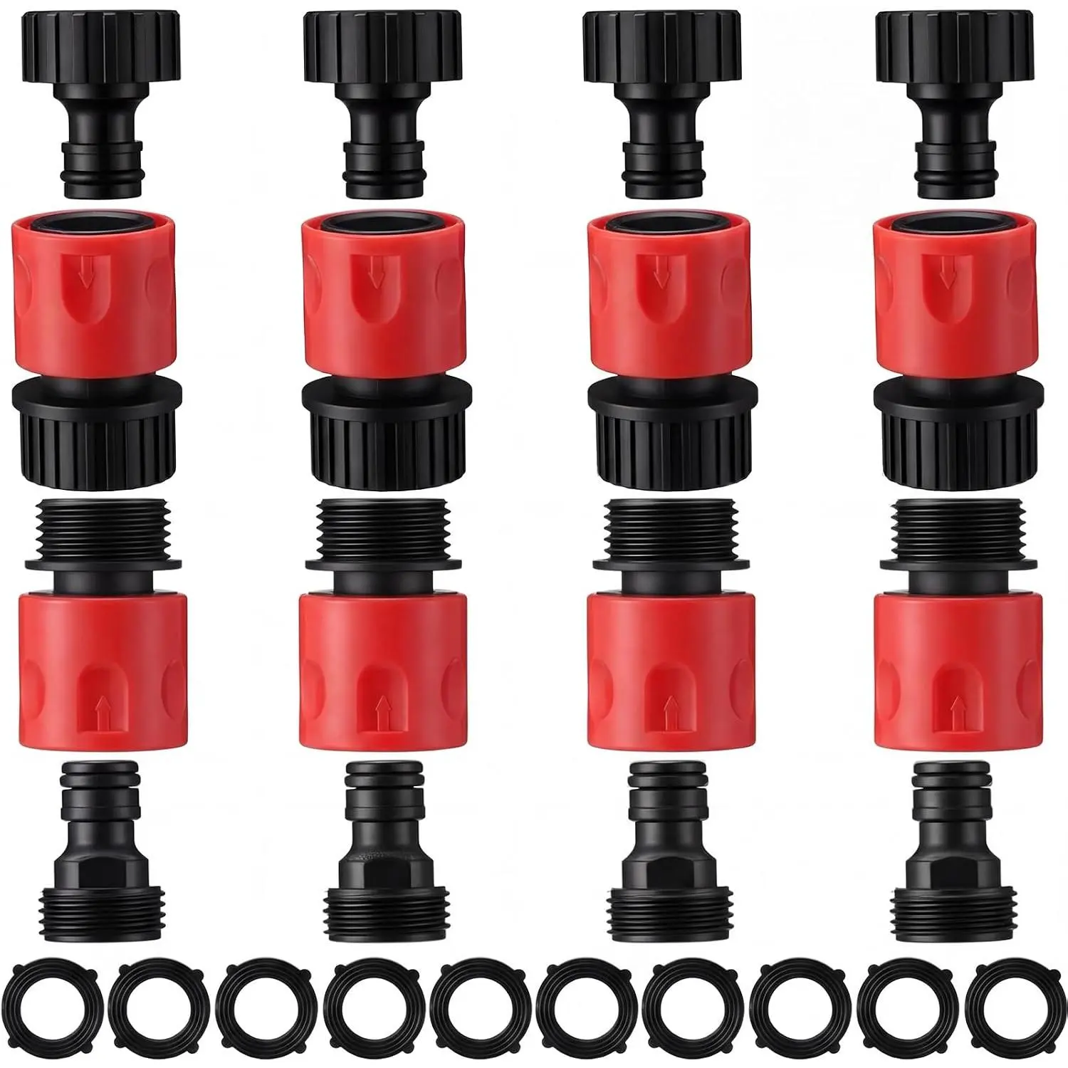 16-Count Outdoor Garden Hose Quick Connectors, 3/4" Plastic Water Hose Fittings with Male-Female End Adapters, Leakproof Secure-Fit Set with 10-Count Red Rubber Gaskets for Home Improvement Watering & Irrigation