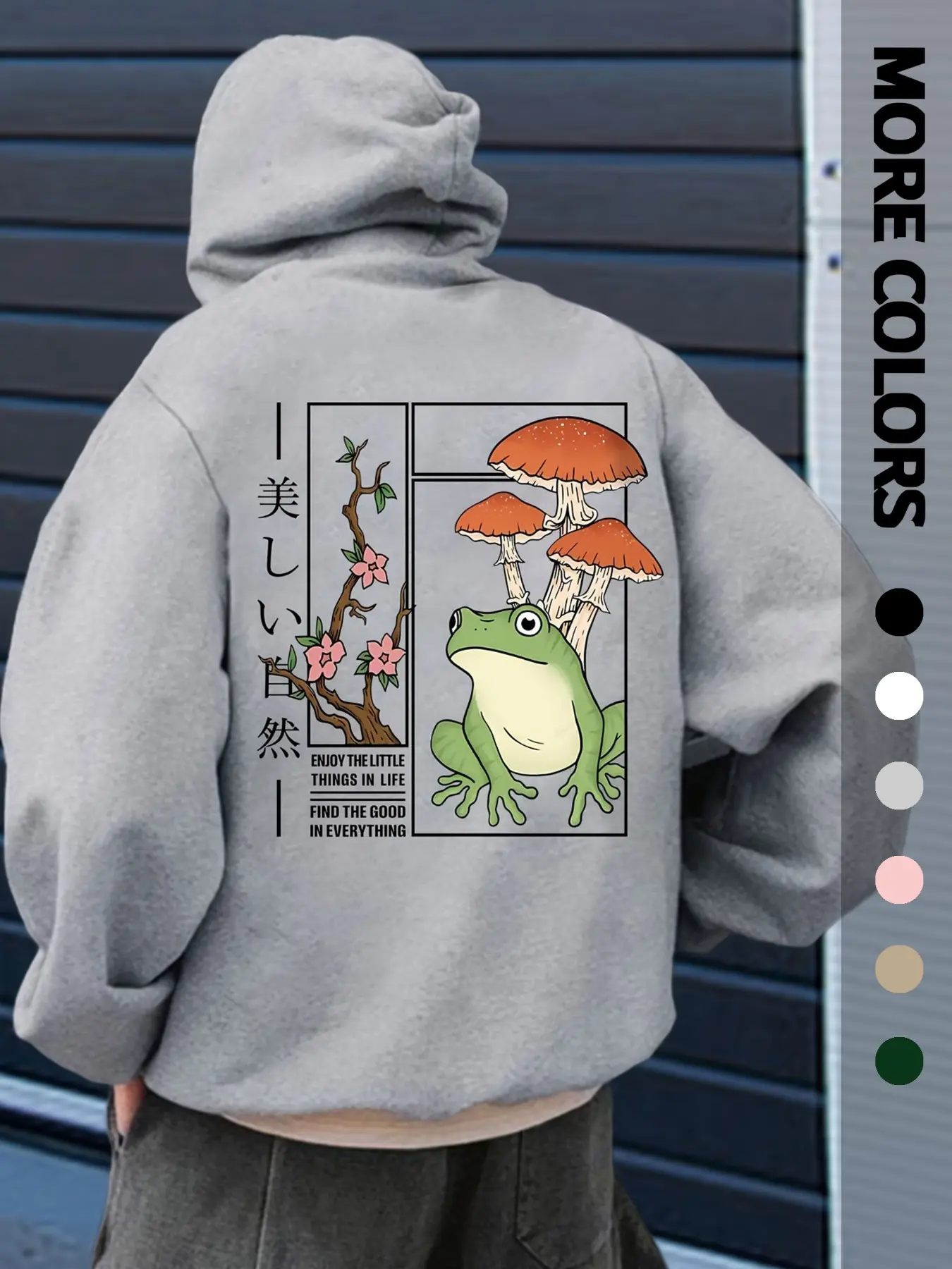 Unisex Hoodie, Japanese Aesthetic Frog Mushroom Cherry Blossom Graphic Sweatshirt, Vintage Nature Print Hooded Top, men clothing, menswear clothing, accessories for men, ropa caballero hombre, 5 Colors Available, casual cottagecore streetwear for men wome
