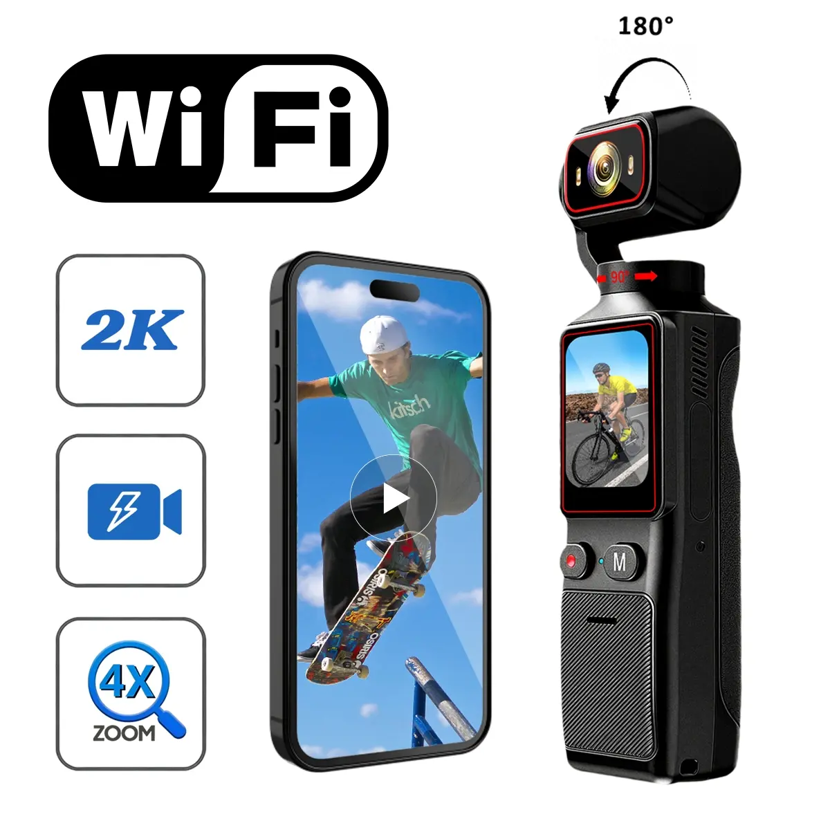 Pocket Action Camera, Outdoor Sports Camera, 2K HD Pocket Cam with 180° Rotatable Lens, WiFi Connection, Loop Recording & Infrared Night Vision, Long Lasting Battery for Cycling Skiing Motorcycle Outdoor Adventure Shooting