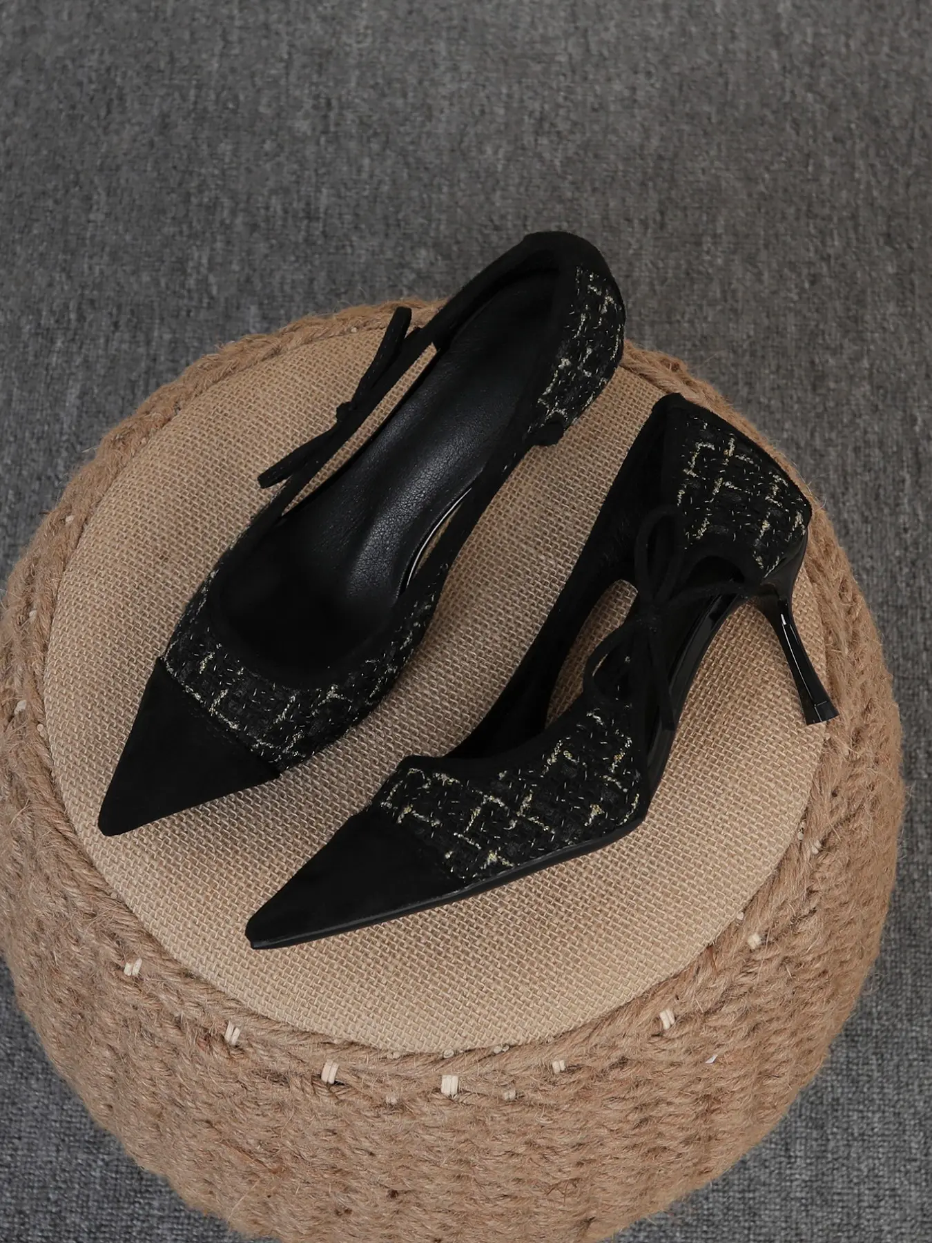 Pointed Toe Low Heel Women's Shoes, Versatile Bow Single Shoe, Fashion Slip-On, Plaid Hollow High Heel, Sizes 35-43