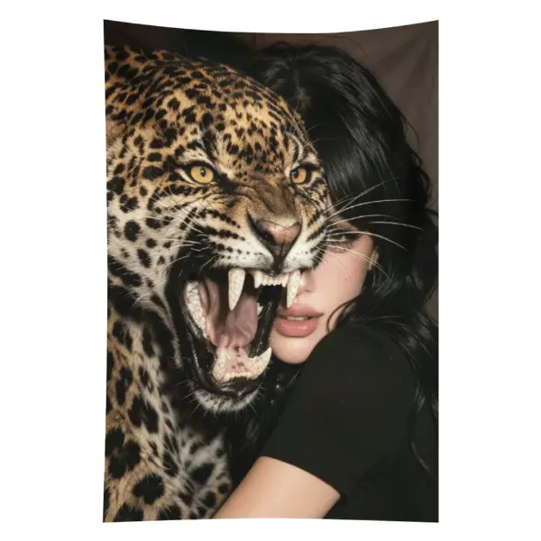 Roaring Jaguar and Girl Wall Tapestry, Dark Aesthetic Goth Room Decor, Cool Wild Animal and Beauty Poster Fabric Hanging Banner for Bedroom Dorm Studio (40x60 Inch)