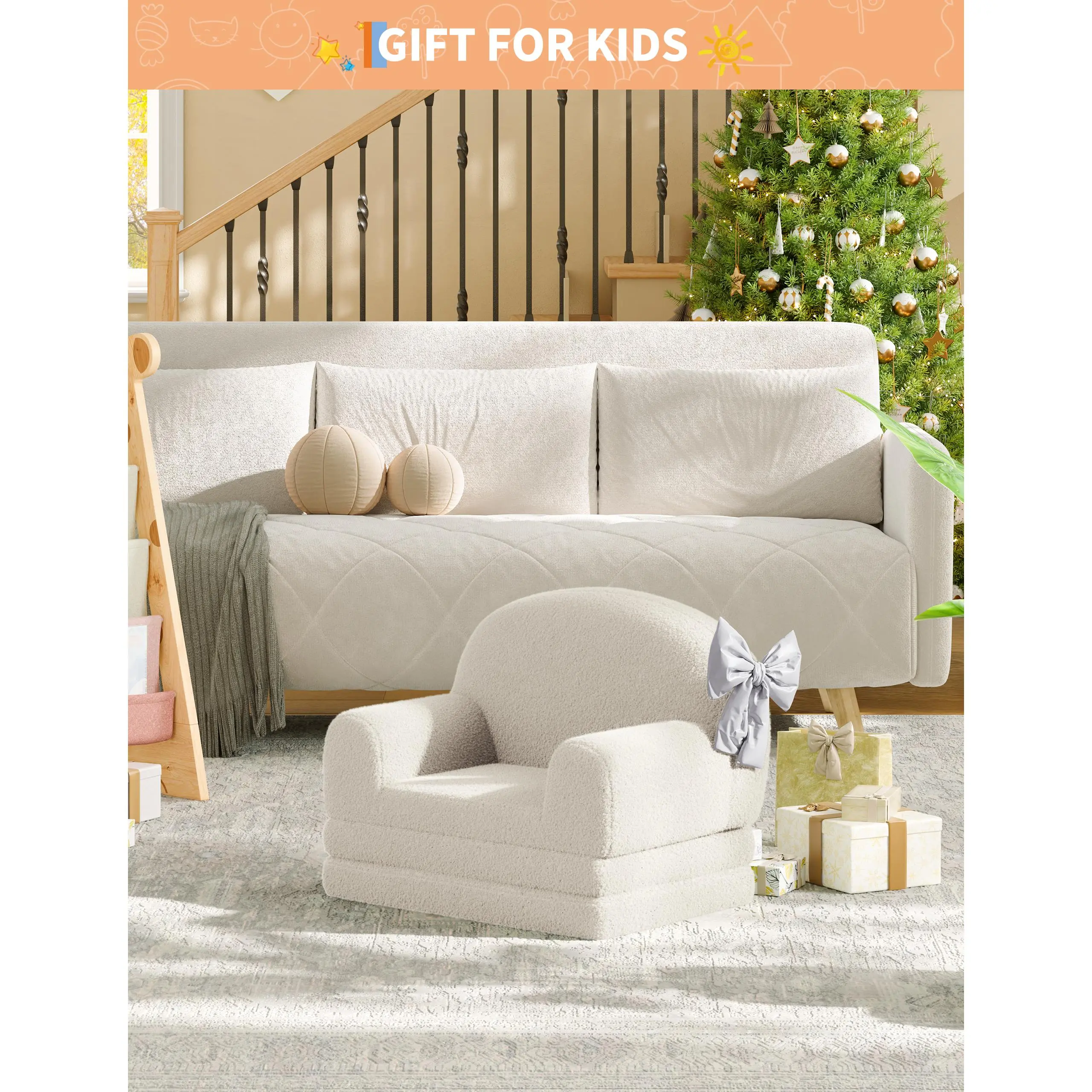 2-in-1 Convertible Kids Sofa Chair - Contemporary Fun Furniture, Comfy Fold-Out High-Density Foam Toddler Lounger, Sherpa Bear Fleece Machine-Washable Cover, Removable Round-Edge Mini Chair for Nursery, Birthdays, Holidays (Grey, Pink, White)