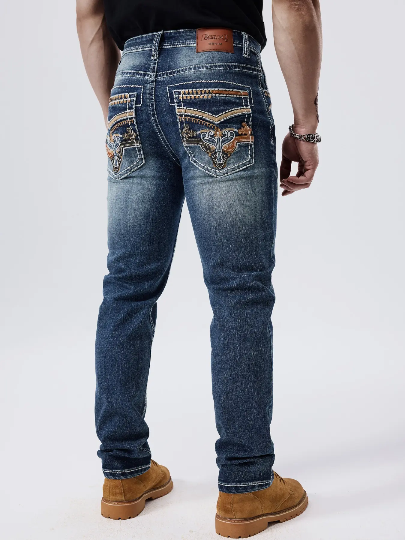 Men's Thick Thread Classic Embroidered Stretch Denim Jeans, All-Season Comfortable Fit, Stylish and Durable, Perfect for Everyday Wear
