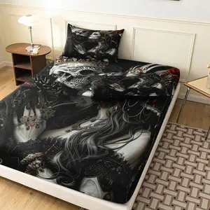 3pcs Vintage Gothic Sugar Skull Couple Fitted Sheet Bedding Set, Dark Black Grey Skeleton Pattern Bed Sheet, Machine Washable Soft Bed Linen, For All Season Home Family Dormitory Hotel Mattress ( No Pillow)