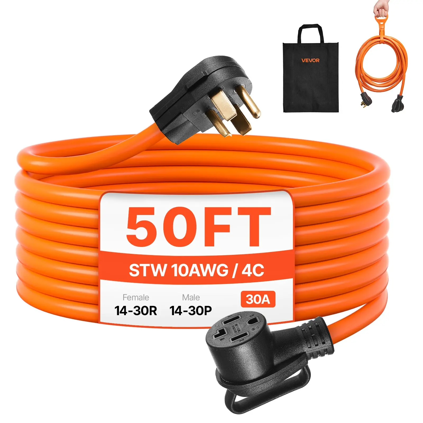 【DealsForYouDays】VEVOR 50 ft Dryer Extension Cord, 4-Prong NEMA 14-30P to 14-30R Dryer Cord, 125V/250V, STW 10AWG/4C, 30A, Pure Copper Wire Cable with Black Non-woven Bag and PVC Cable Tie, for Outdoor Indoor Use