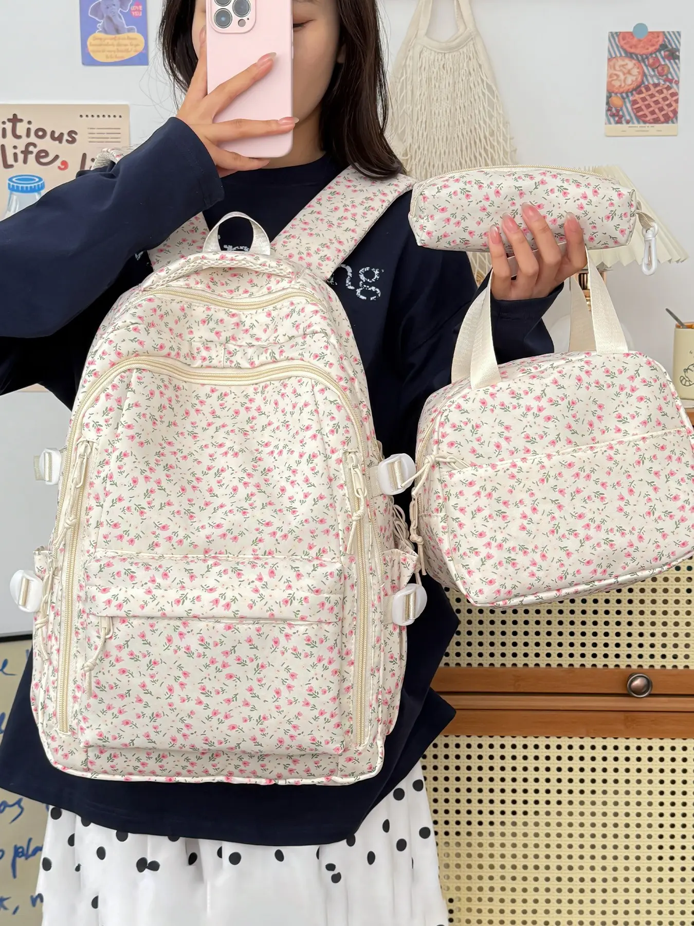 3pcs Pale Base Tiny Pink Floral 3Pcs Backpack Dual Drawstring Side Pocket Hand Bag Pencil Case Combo Soft Floral Large Daypack For Girls Campus Daily Commute Bag Purse Backpack Combo